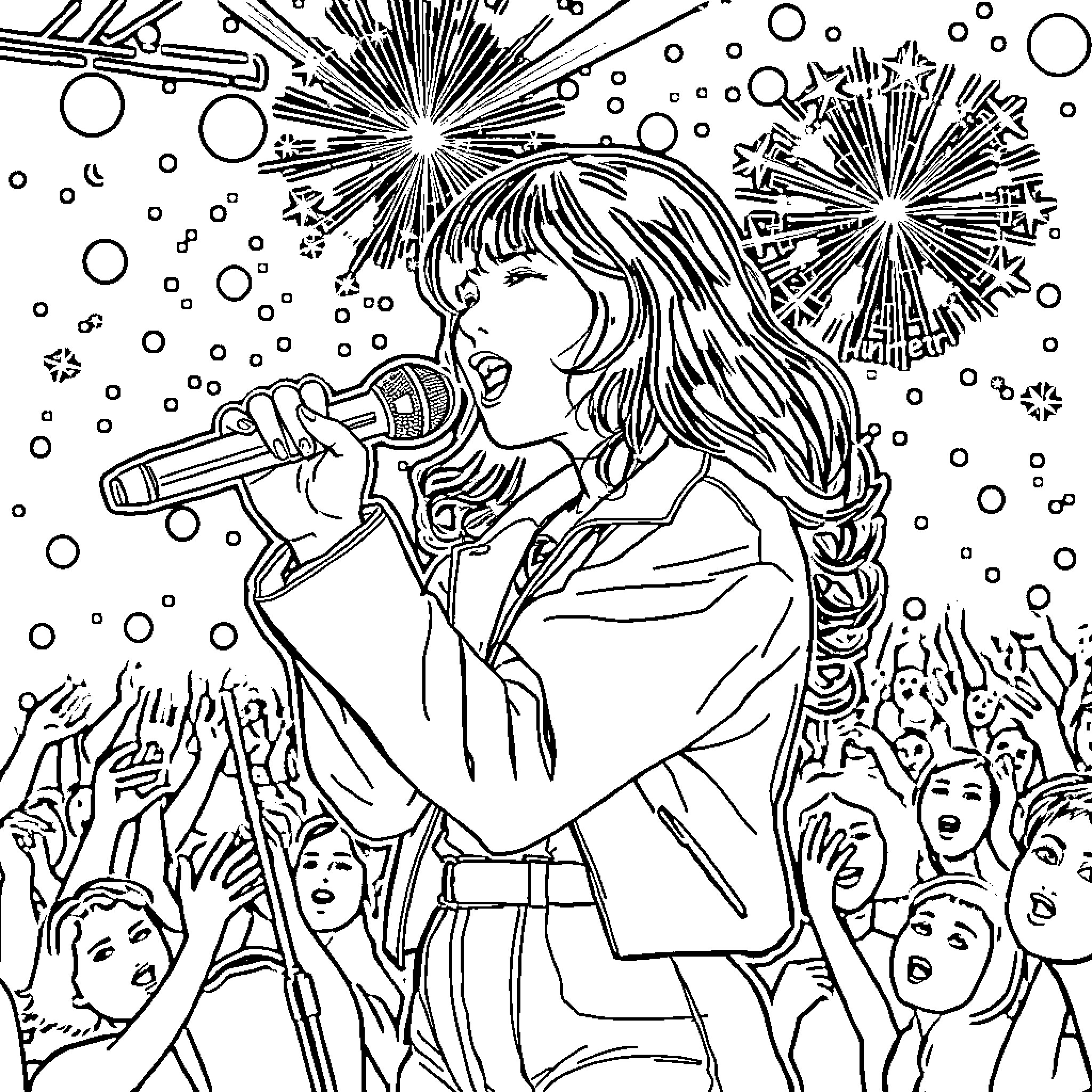 Chanteuse performing with exuberance on stage Coloring Page (free black-and-white line drawing printable PDF for all, from beginners to advanced learners, including children, teens, adults, and seniors)