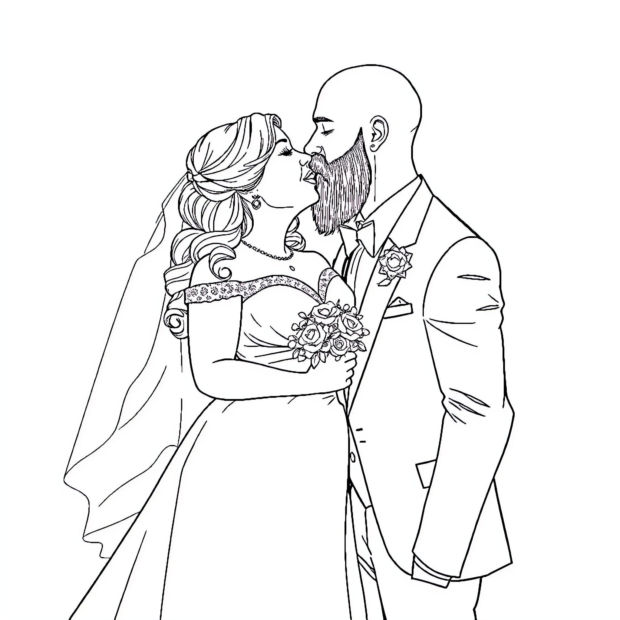 Bride and Groom in Loving Embrace on Wedding Day Coloring Page (free black-and-white line drawing printable PDF for all, from beginners to advanced learners, including children, teens, adults, and seniors)