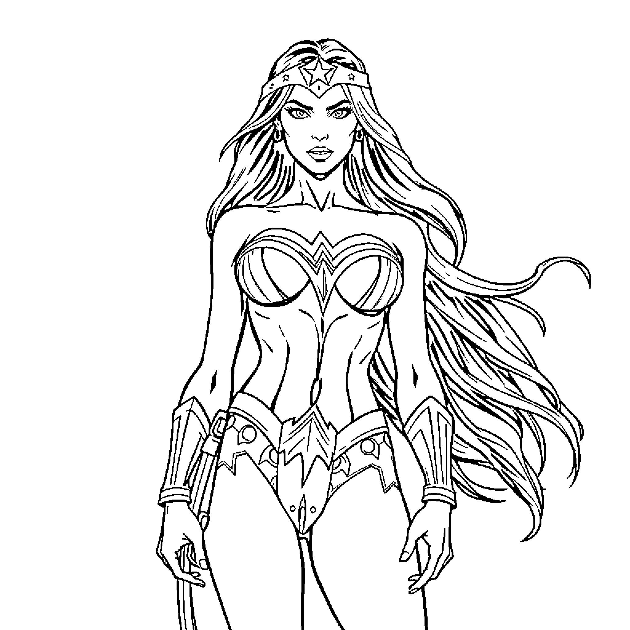 Wonder Woman in heroic battle stance Coloring Page (free black-and-white line drawing printable PDF for all, from beginners to advanced learners, including children, teens, adults, and seniors)
