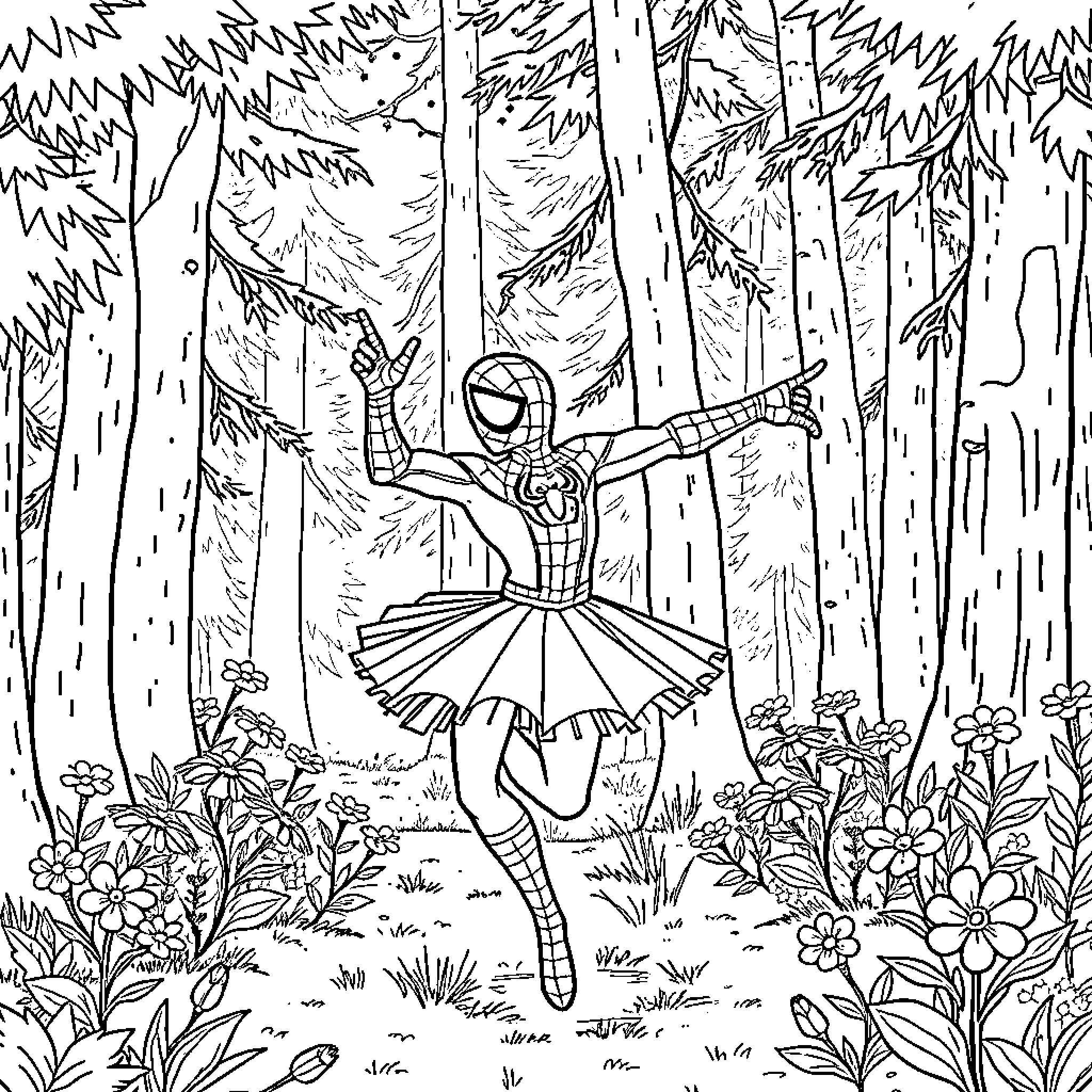 Spiderman ballerina dances in magical forest Coloring Page (free black-and-white line drawing printable PDF for all, from beginners to advanced learners, including children, teens, adults, and seniors)