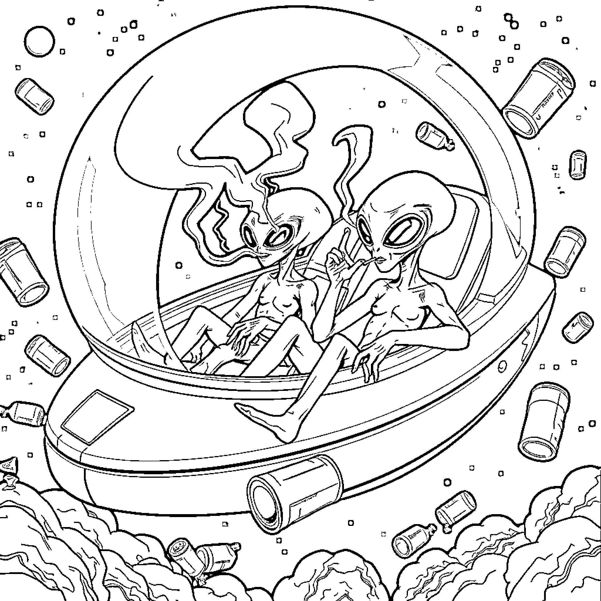 Alien spaceship flying through cosmic debris Coloring Page (free black-and-white line drawing printable PDF for all, from beginners to advanced learners, including children, teens, adults, and seniors)