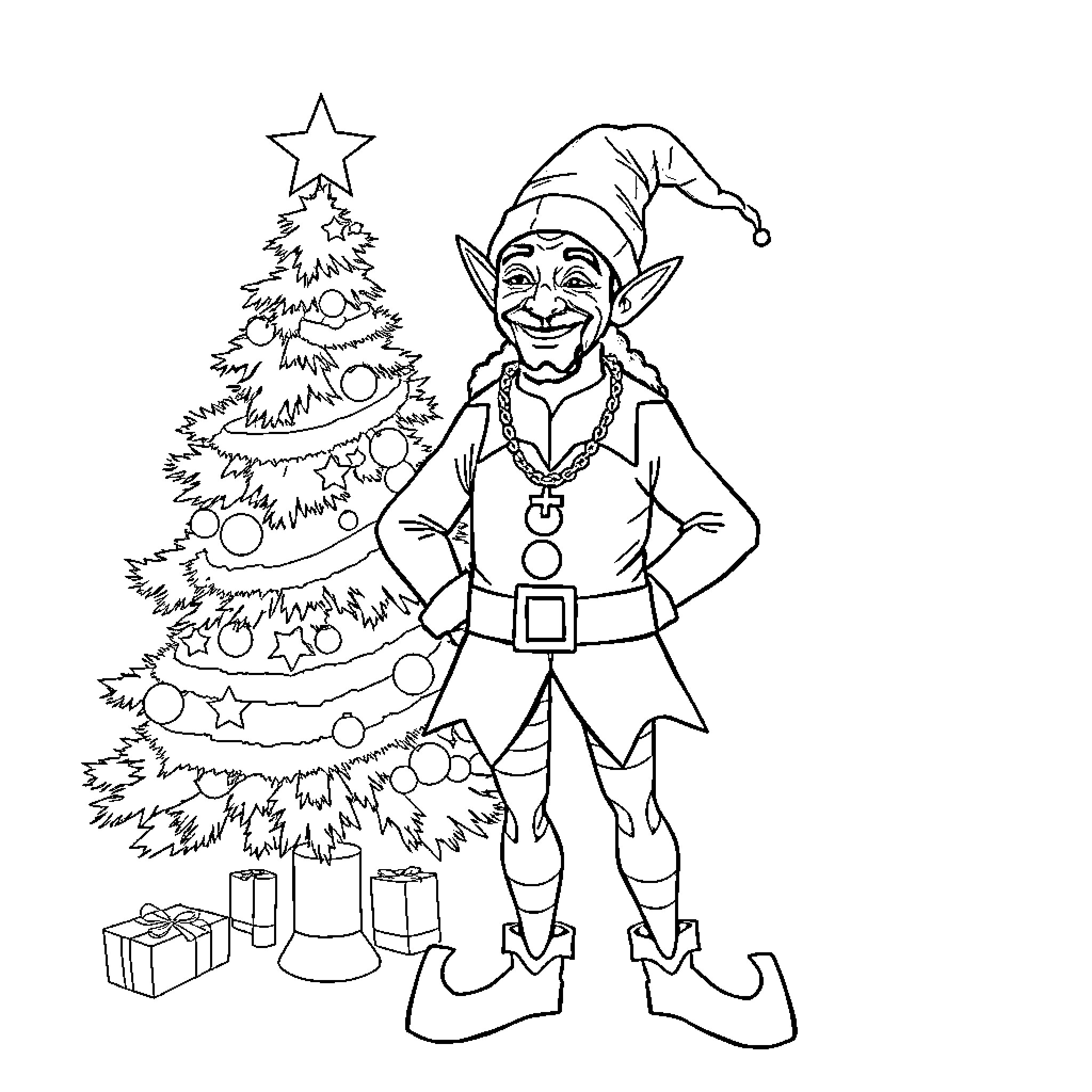 Snoop Dogg as a merry Christmas elf Coloring Page (free black-and-white line drawing printable PDF for all, from beginners to advanced learners, including children, teens, adults, and seniors)