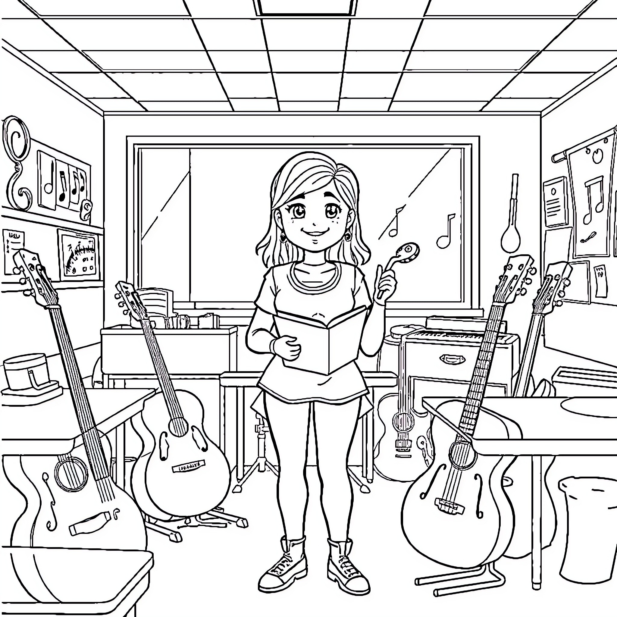 Music Teacher Giving Lessons in Music Classroom Coloring Page (free black-and-white line drawing printable PDF for all, from beginners to advanced learners, including children, teens, adults, and seniors)