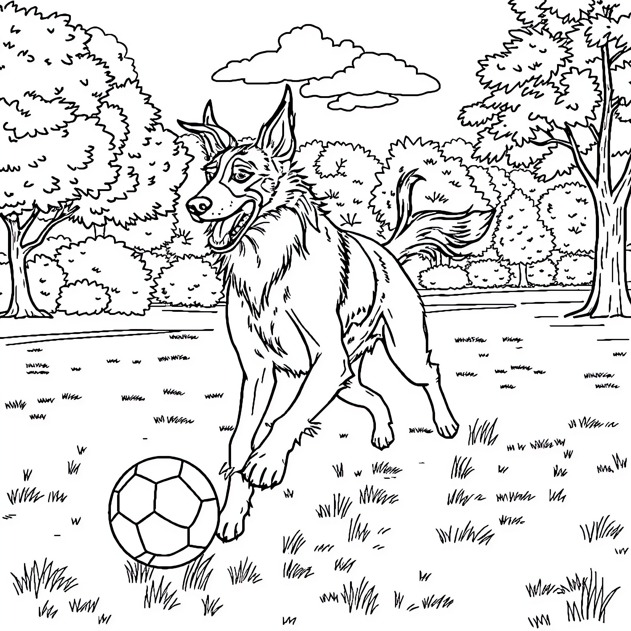 Saluki playing with soccer ball in the park Coloring Page (free black-and-white line drawing printable PDF for all, from beginners to advanced learners, including children, teens, adults, and seniors)