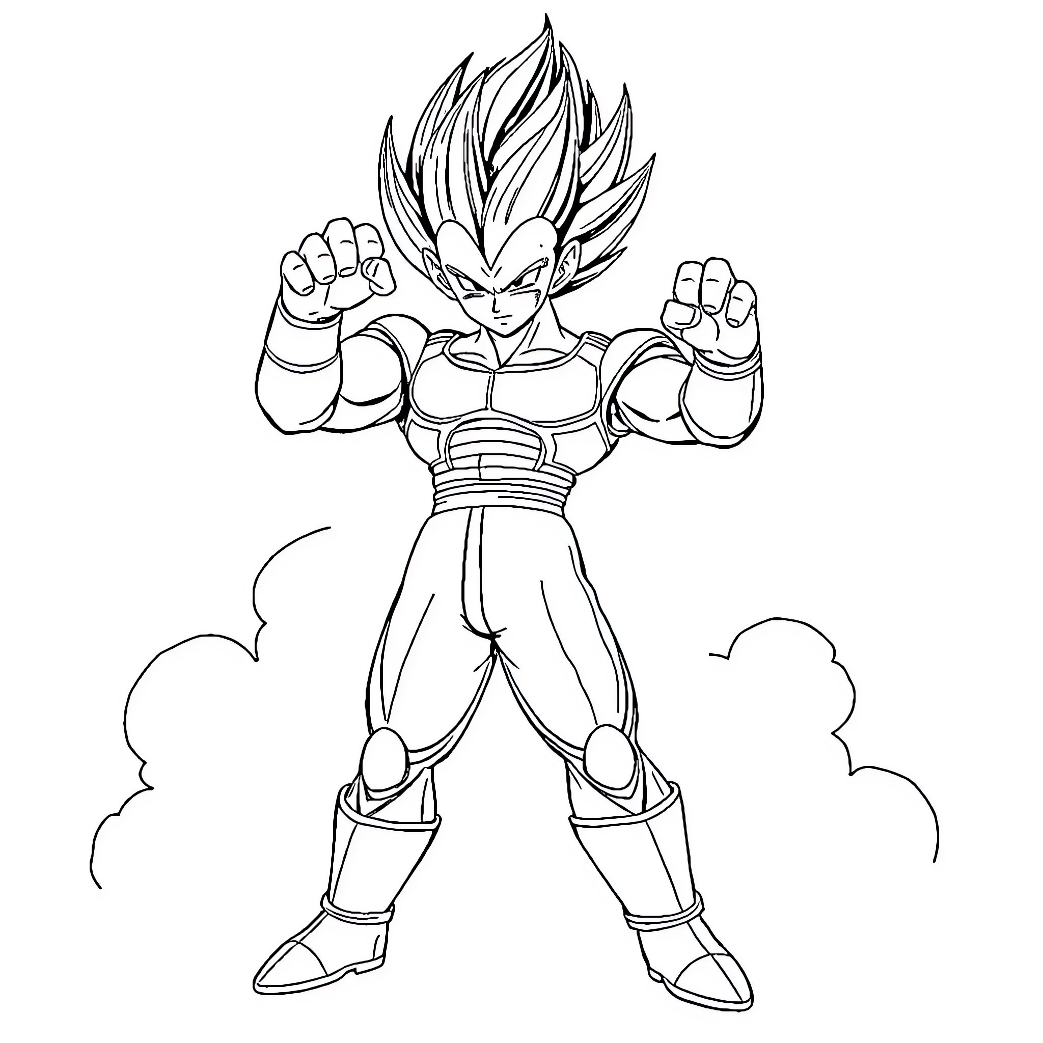 Vegeta in a powerful stance with clenched fists Coloring Page (free black-and-white line drawing printable PDF for all, from beginners to advanced learners, including children, teens, adults, and seniors)