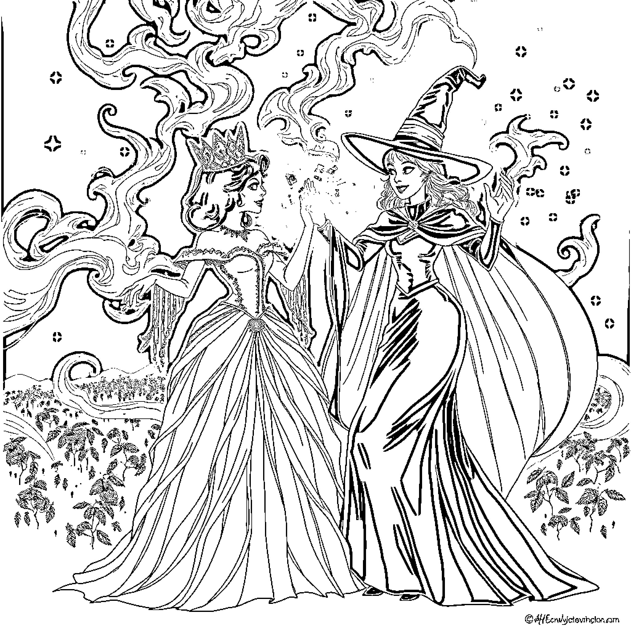 Witches in Enchanting Attire Casting Spells Coloring Page (free black-and-white line drawing printable PDF for all, from beginners to advanced learners, including children, teens, adults, and seniors)