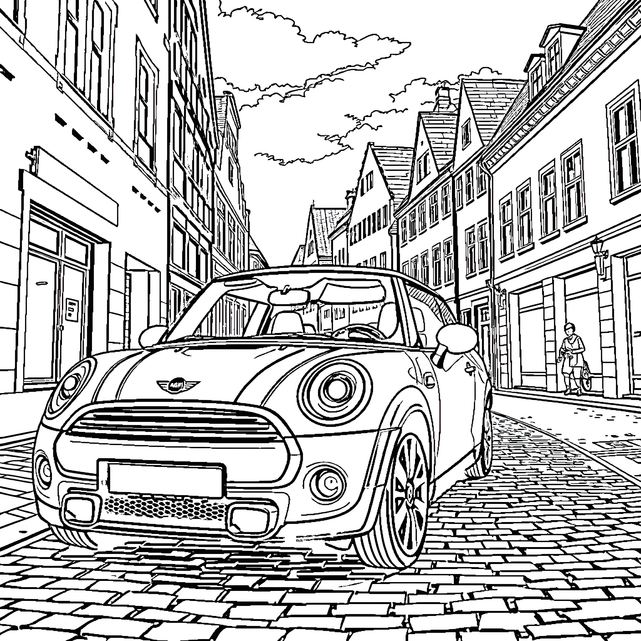Mini Car Drives Through Cobblestone Street Coloring Page (free black-and-white line drawing printable PDF for all, from beginners to advanced learners, including children, teens, adults, and seniors)