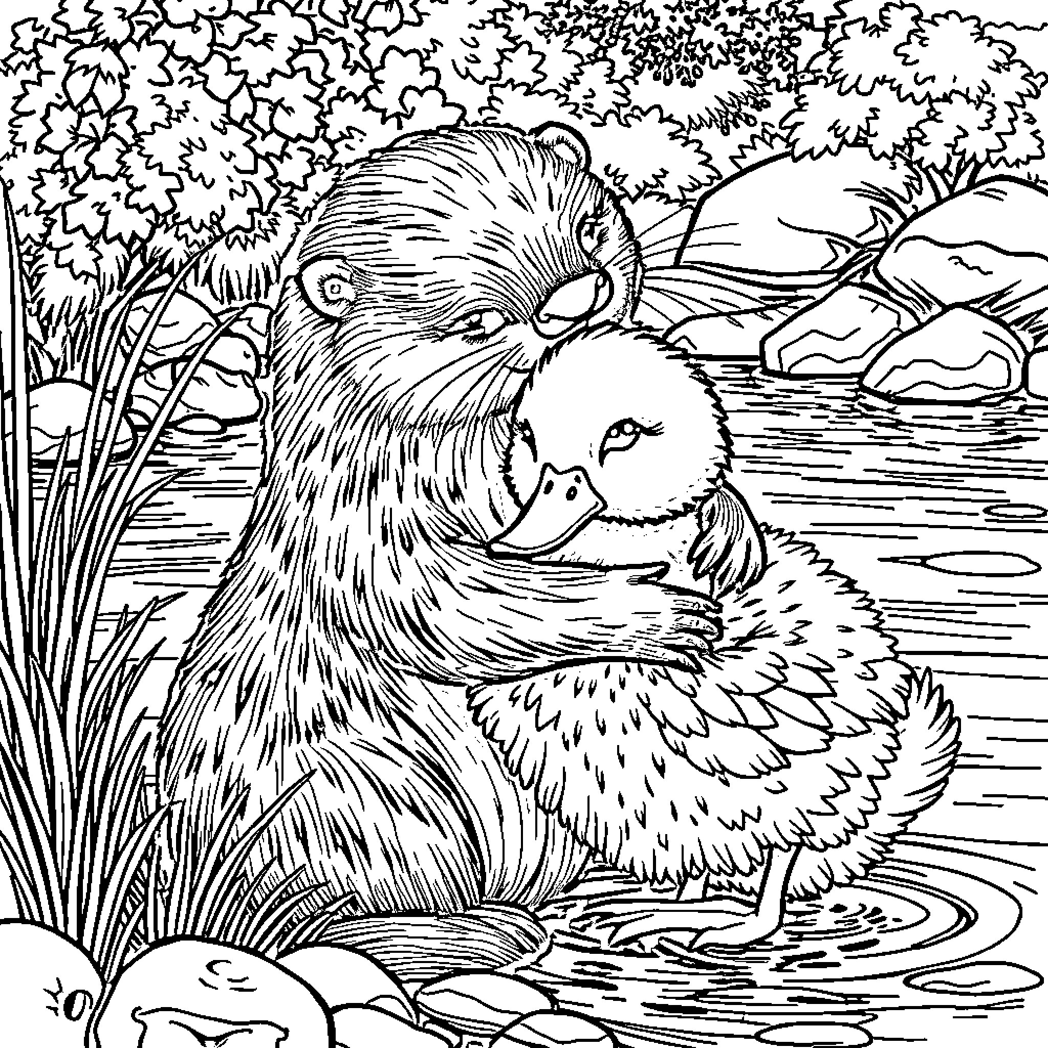 Otter cuddling a chick by the pond Coloring Page (free black-and-white line drawing printable PDF for all, from beginners to advanced learners, including children, teens, adults, and seniors)