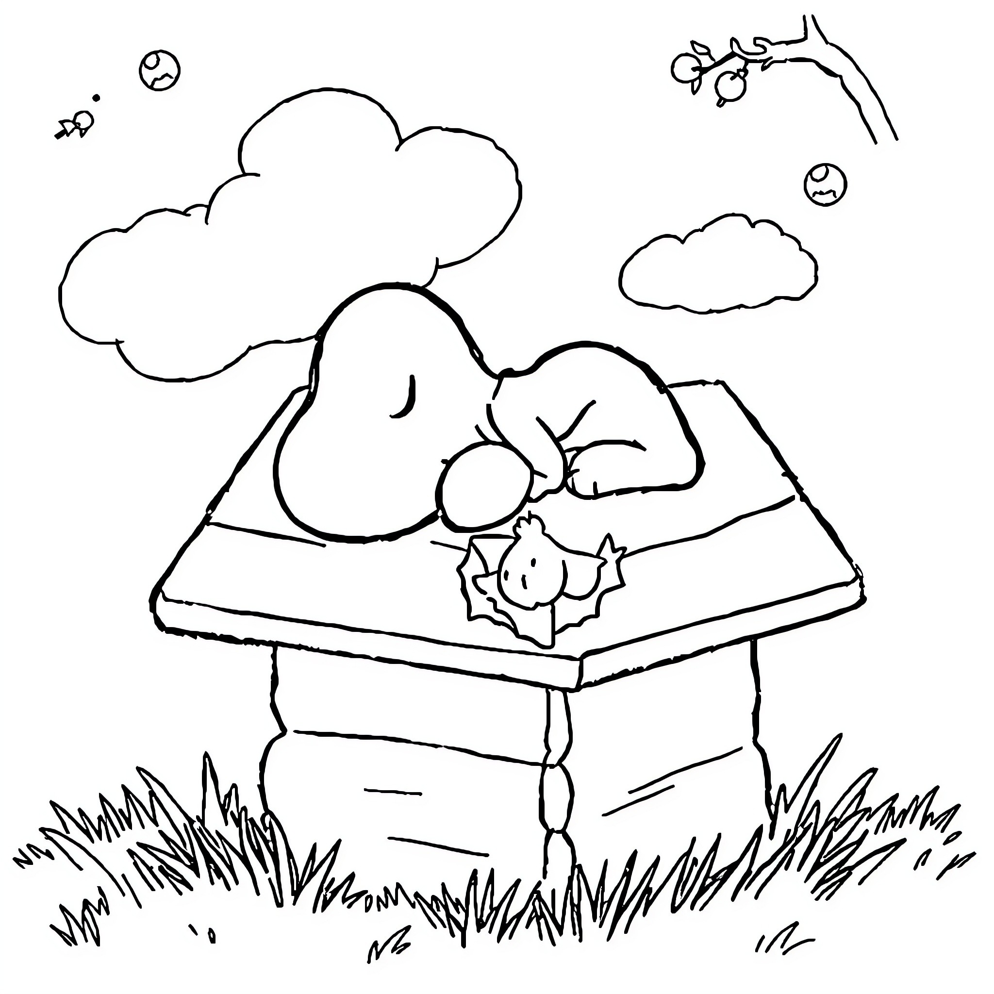 Snoopy sleeping peacefully in a cozy hideaway Coloring Page (free black-and-white line drawing printable PDF for all, from beginners to advanced learners, including children, teens, adults, and seniors)