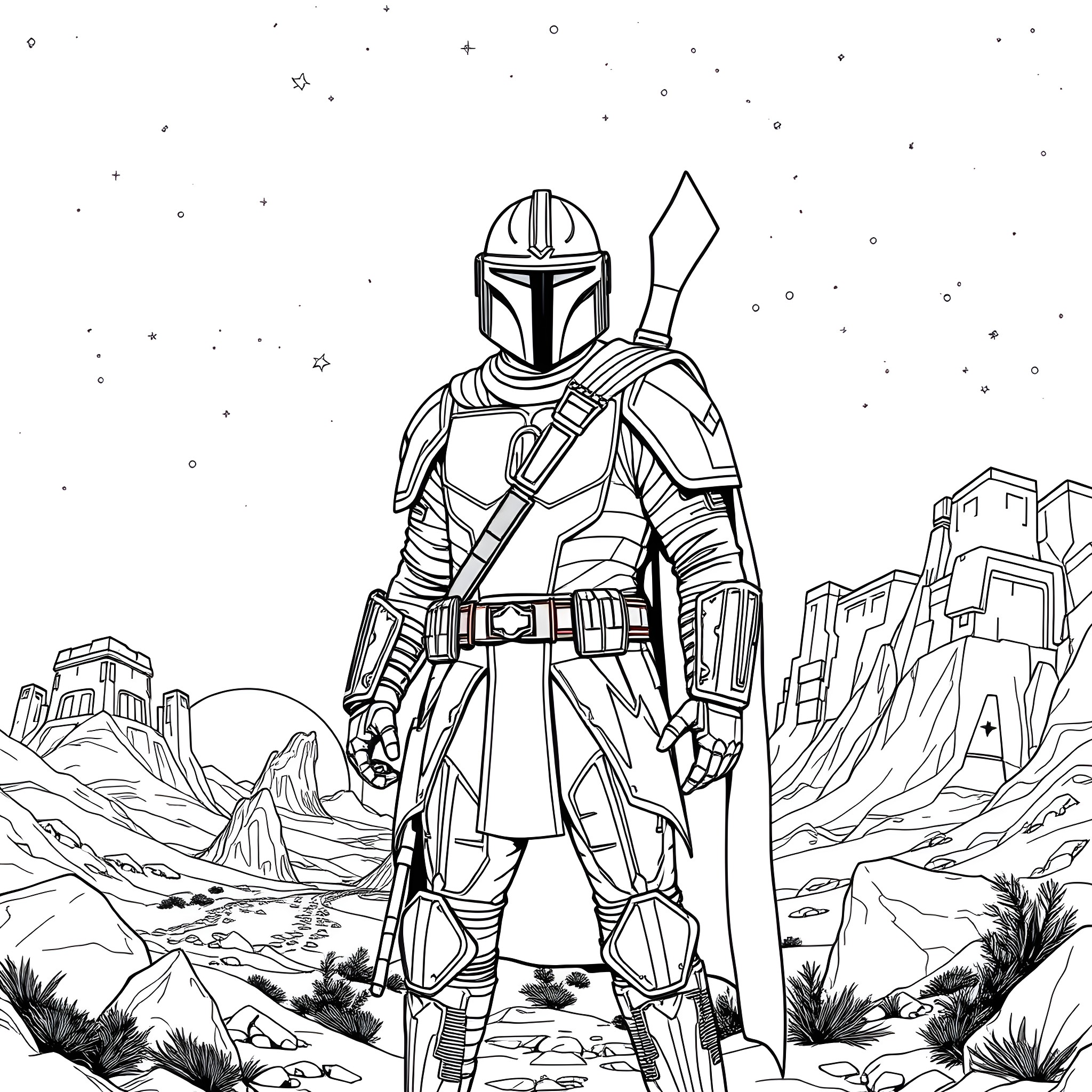 Mandalorian warrior stands resolute in the desert landscape Coloring Page (free black-and-white line drawing printable PDF for all, from beginners to advanced learners, including children, teens, adults, and seniors)