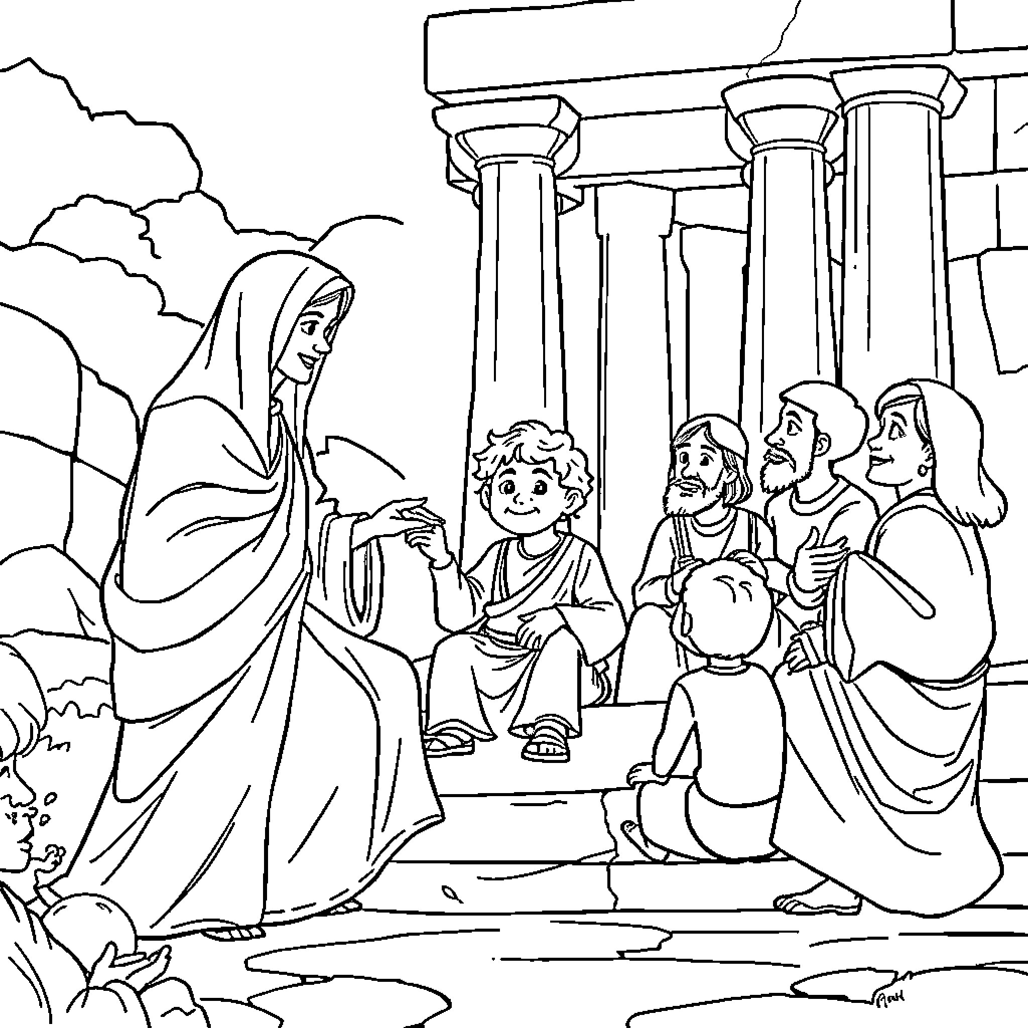 Jesus teaching among the people in the temple Coloring Page (free black-and-white line drawing printable PDF for all, from beginners to advanced learners, including children, teens, adults, and seniors)