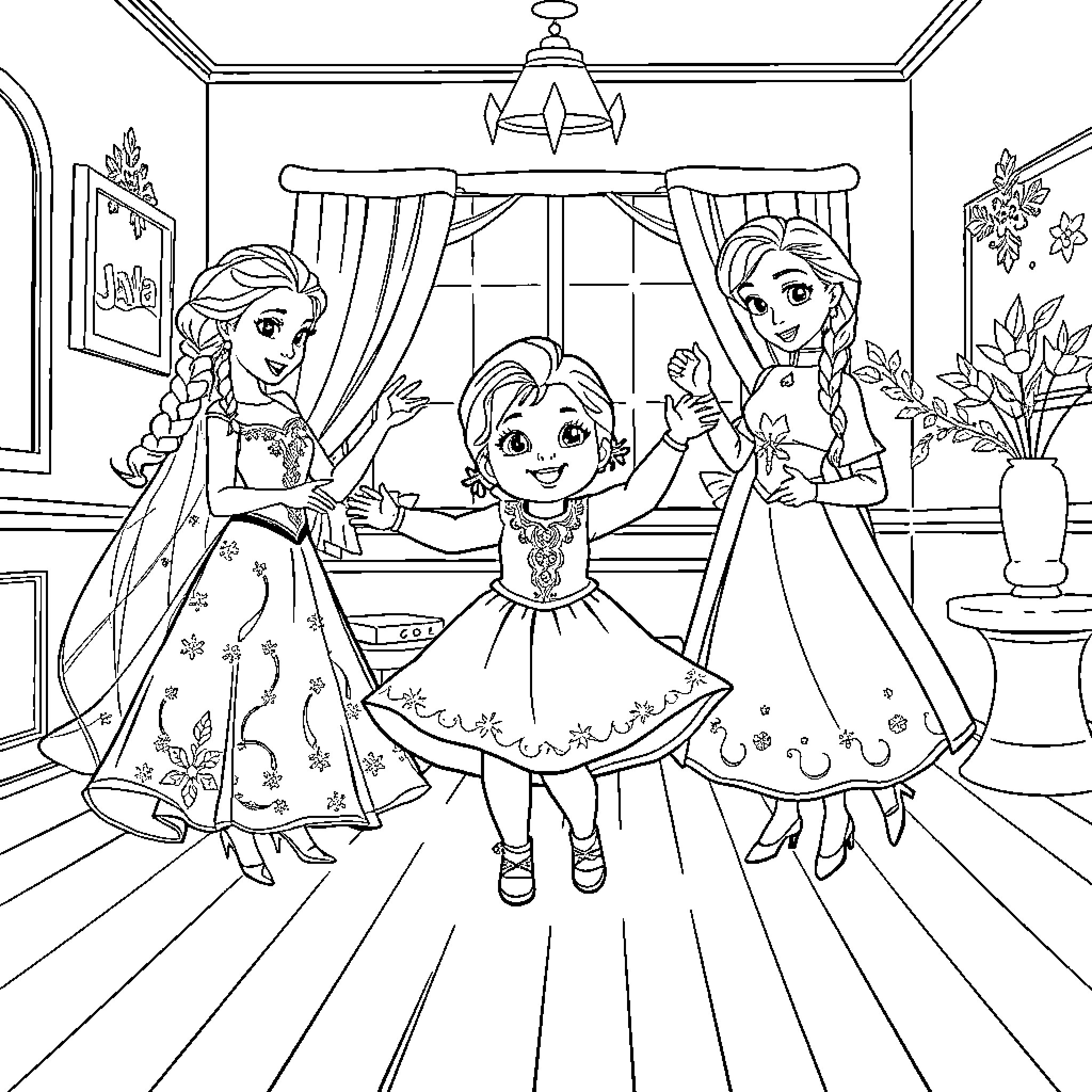 Baby Princesses Enjoying a Playful Dance Coloring Page (free black-and-white line drawing printable PDF for all, from beginners to advanced learners, including children, teens, adults, and seniors)
