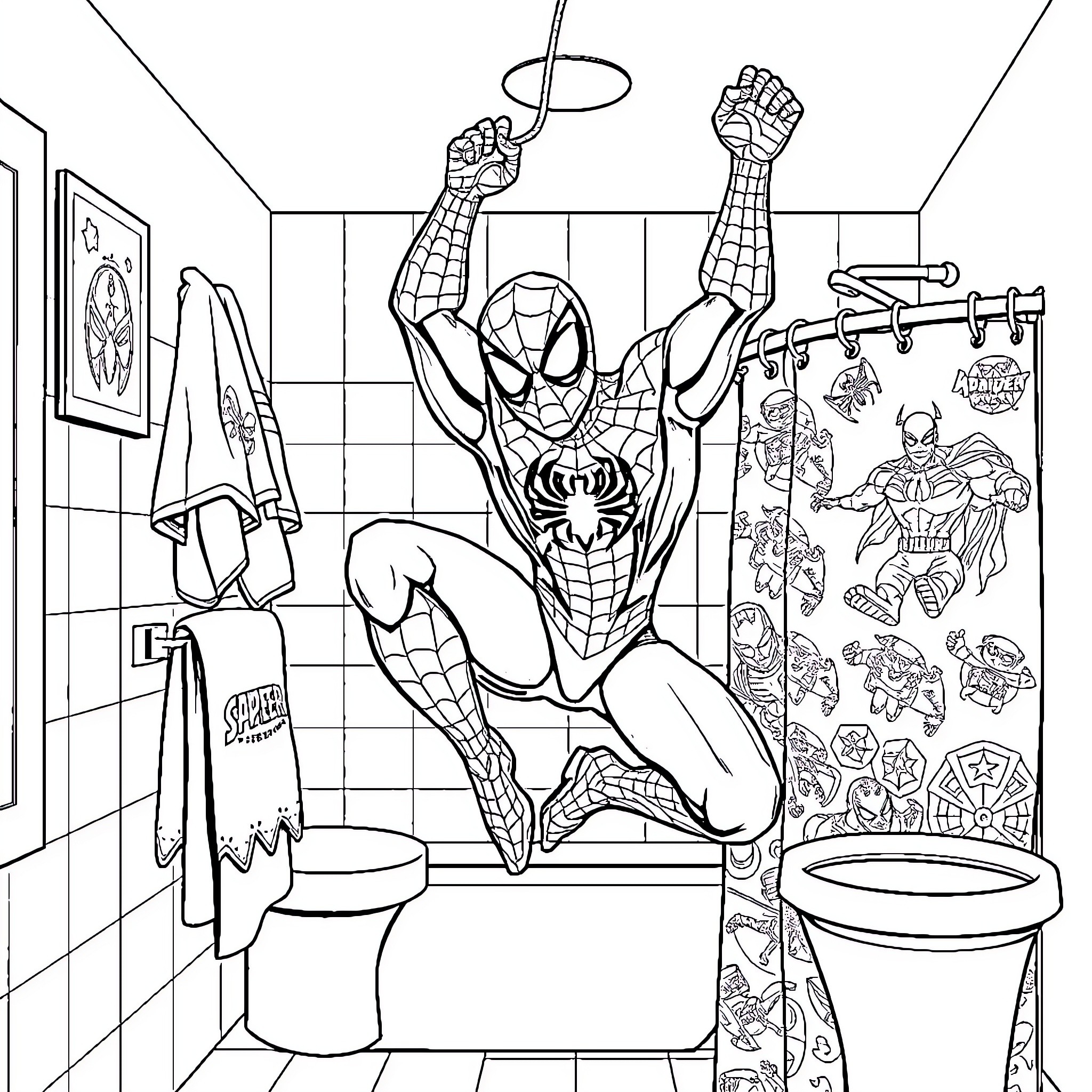 Spiderman swinging in a bathroom with superhero decor Coloring Page (free black-and-white line drawing printable PDF for all, from beginners to advanced learners, including children, teens, adults, and seniors)