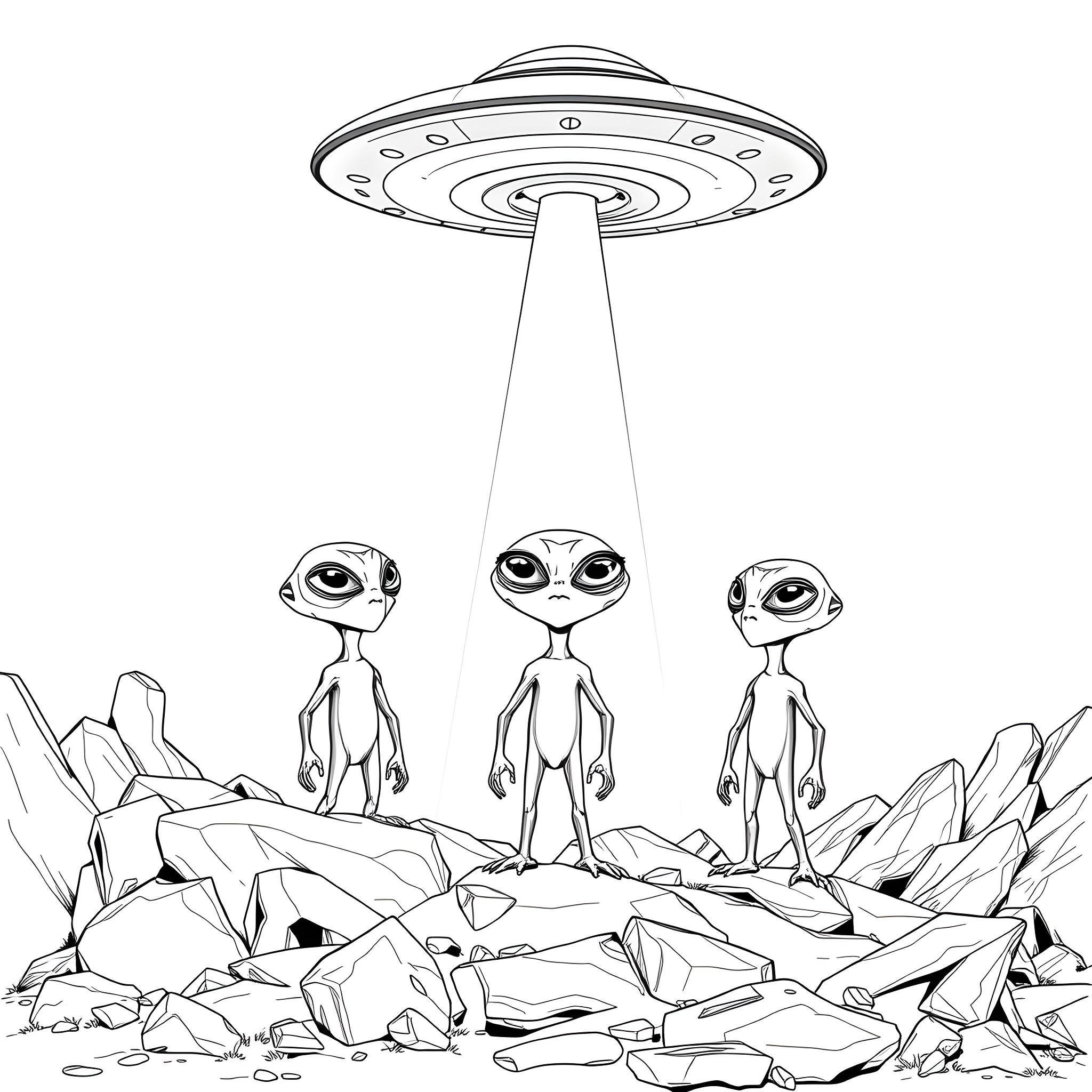 Alien Visitors Examining a Strange Landscape Coloring Page (free black-and-white line drawing printable PDF for all, from beginners to advanced learners, including children, teens, adults, and seniors)
