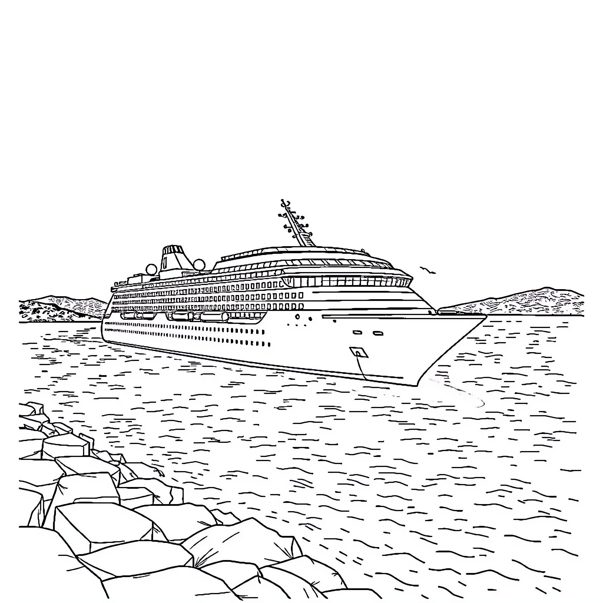 Cruise Ship Sailing Through Choppy Waters Coloring Page (free black-and-white line drawing printable PDF for all, from beginners to advanced learners, including children, teens, adults, and seniors)