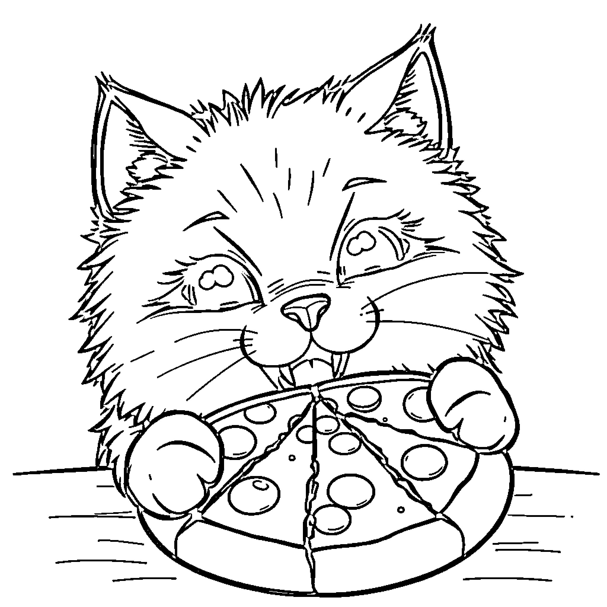 Cat enjoying a tasty pizza slice Coloring Page (free black-and-white line drawing printable PDF for all, from beginners to advanced learners, including children, teens, adults, and seniors)