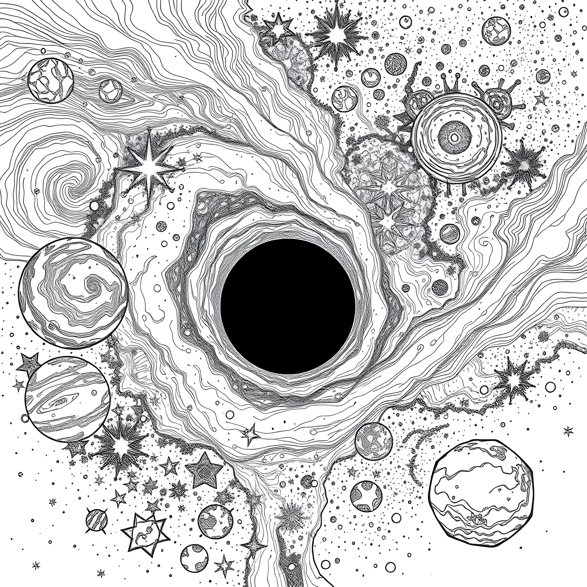 Planet Exploration in Cosmic Wonderland Coloring Page (free black-and-white line drawing printable PDF for all, from beginners to advanced learners, including children, teens, adults, and seniors)