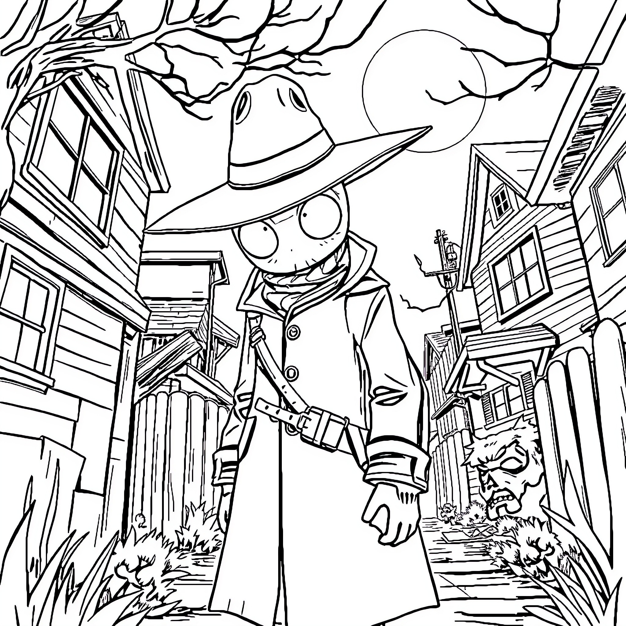 Hunter explores eerie haunted town at night Coloring Page (free black-and-white line drawing printable PDF for all, from beginners to advanced learners, including children, teens, adults, and seniors)