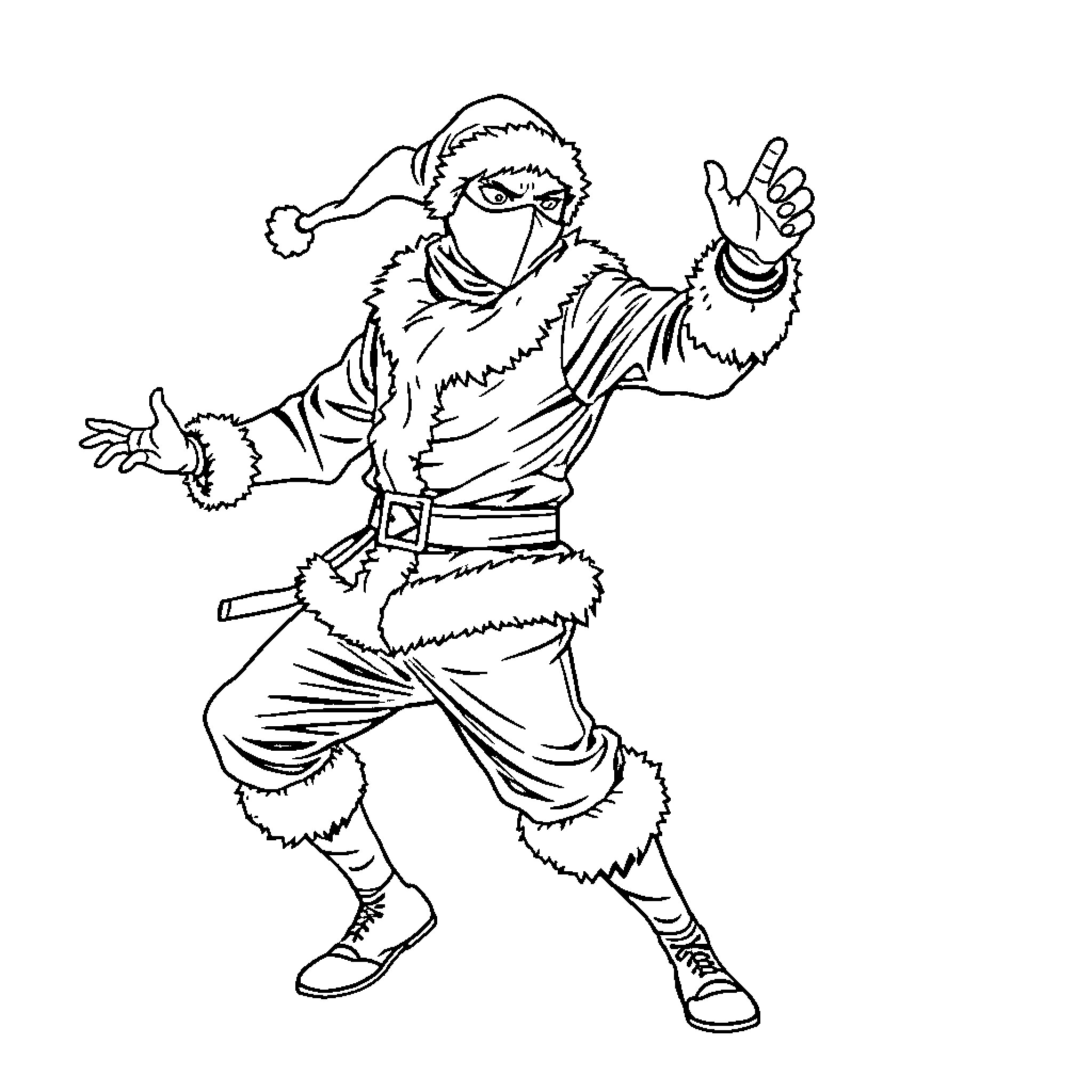 Ninja Poses in Winter Attire Coloring Page (free black-and-white line drawing printable PDF for all, from beginners to advanced learners, including children, teens, adults, and seniors)