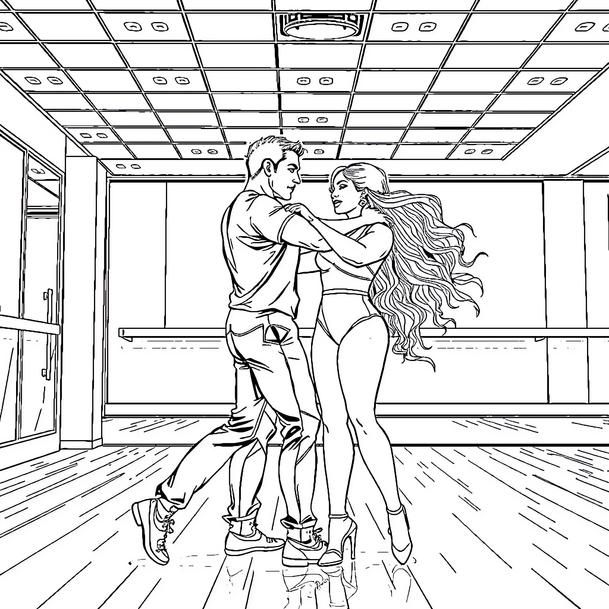 Beyonce and partner dancing passionately on stage Coloring Page (free black-and-white line drawing printable PDF for all, from beginners to advanced learners, including children, teens, adults, and seniors)