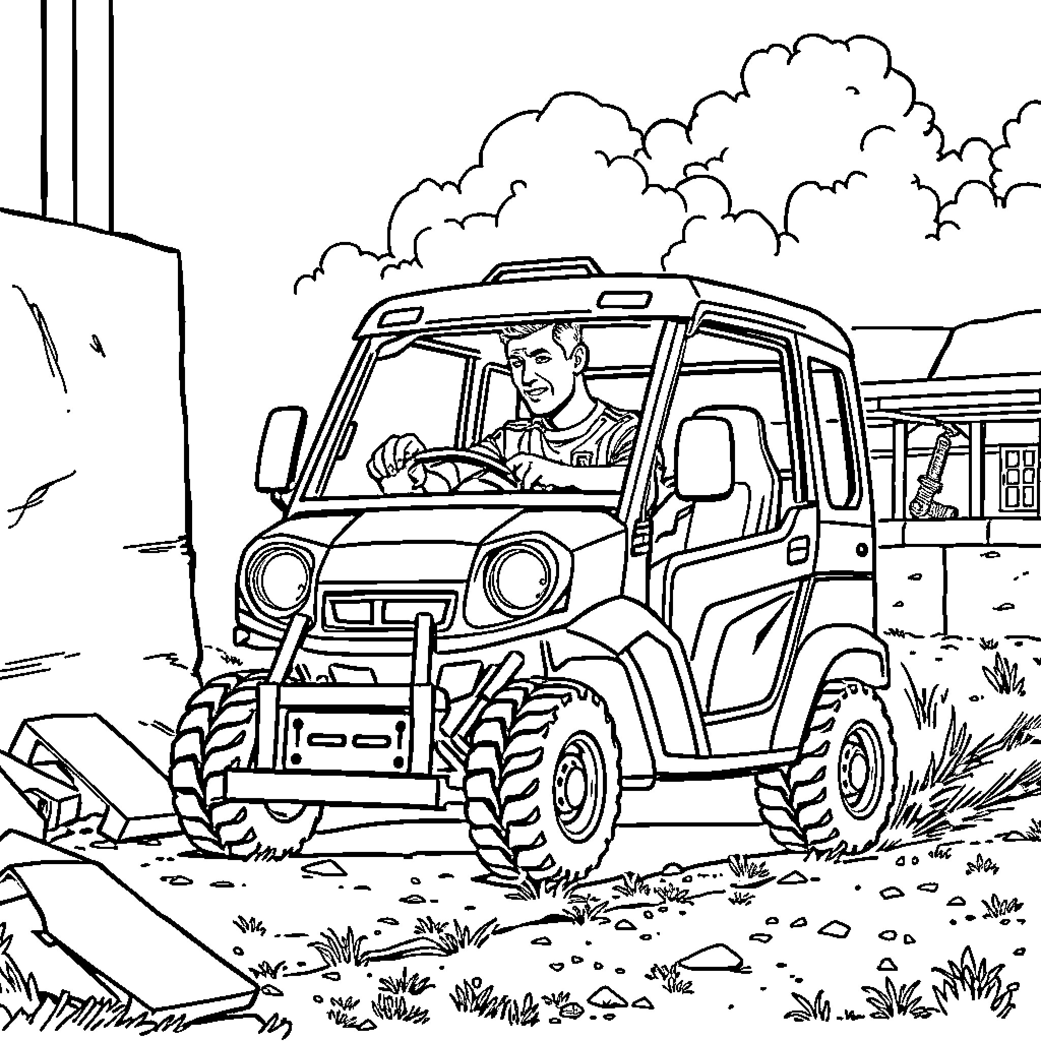 Cr7 driving a rugged off-road vehicle Coloring Page (free black-and-white line drawing printable PDF for all, from beginners to advanced learners, including children, teens, adults, and seniors)