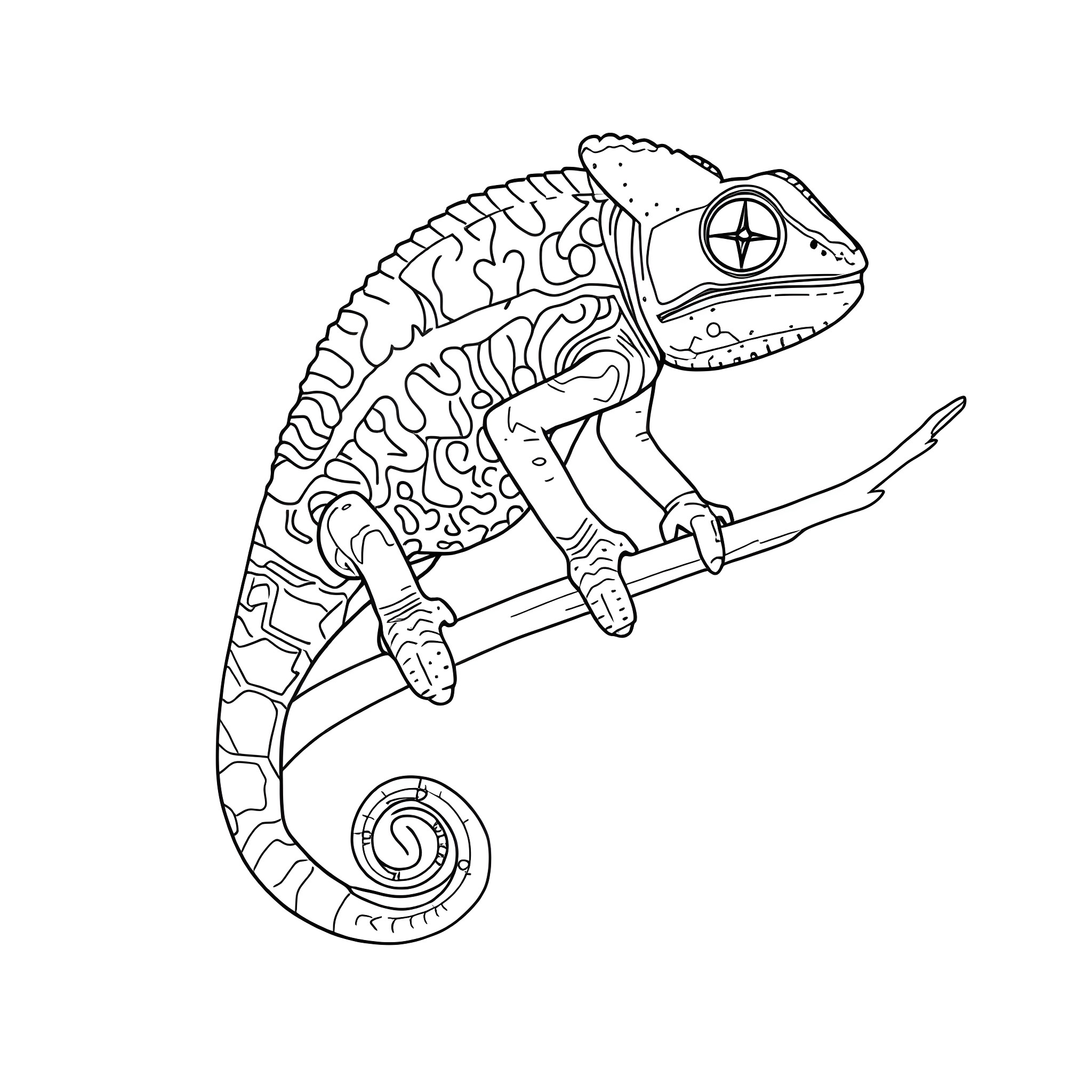 Chameleon's Intricate Mechanical Movements Coloring Page (free black-and-white line drawing printable PDF for all, from beginners to advanced learners, including children, teens, adults, and seniors)
