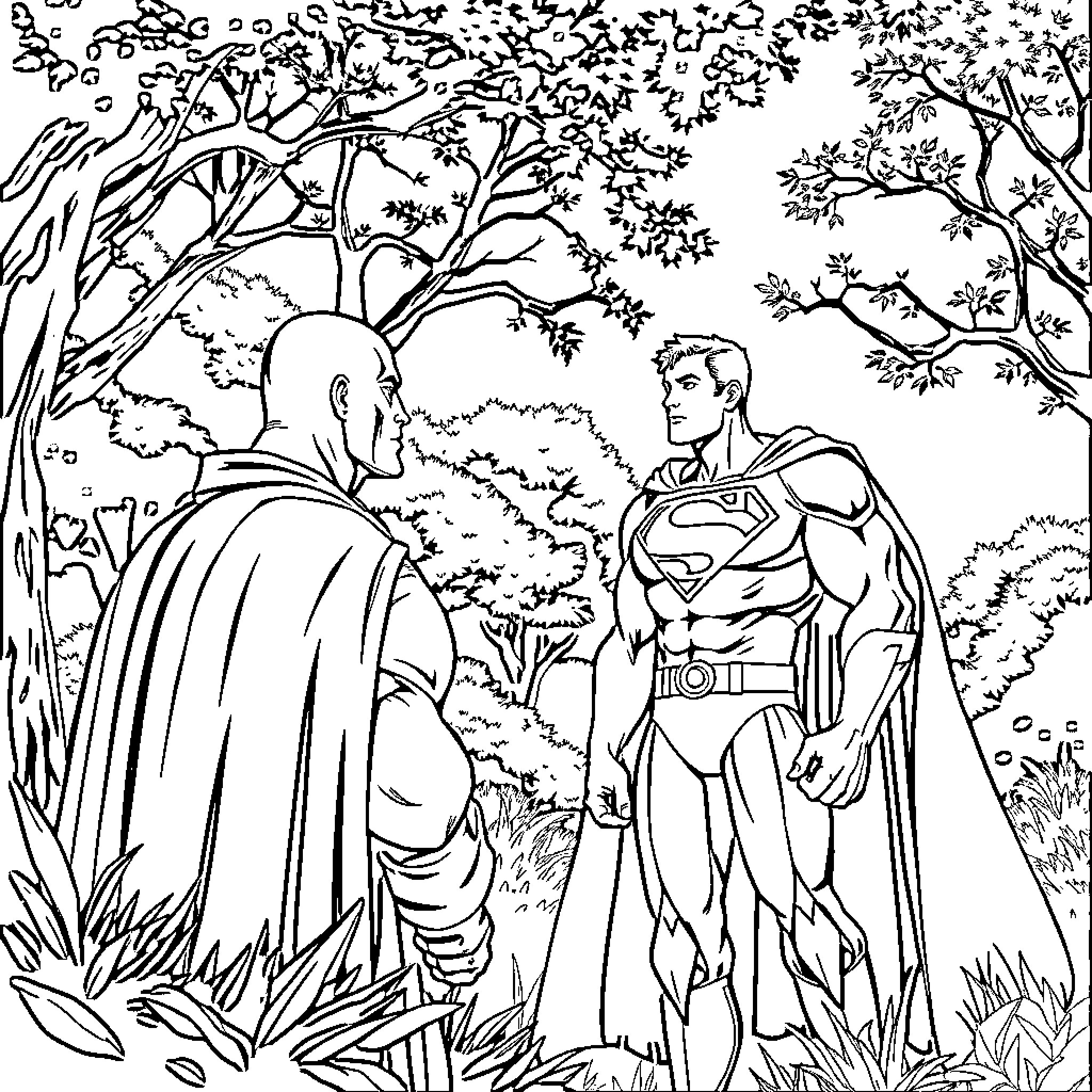 Superman confronting a formidable foe in the wilderness Coloring Page (free black-and-white line drawing printable PDF for all, from beginners to advanced learners, including children, teens, adults, and seniors)