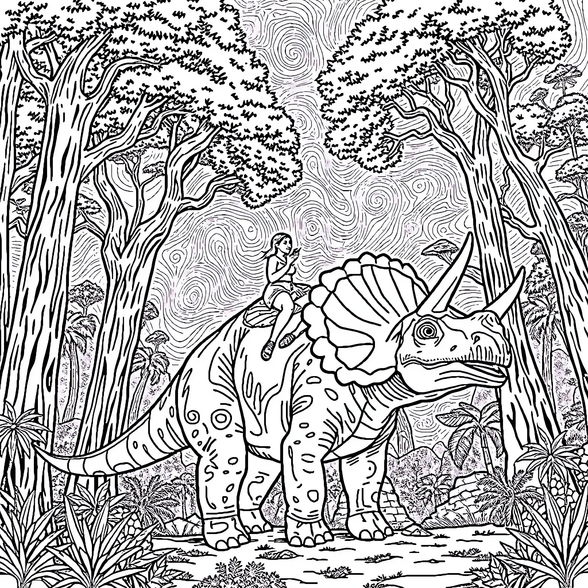 Dinosaur Rider Exploring the Mysterious Forest Coloring Page (free black-and-white line drawing printable PDF for all, from beginners to advanced learners, including children, teens, adults, and seniors)