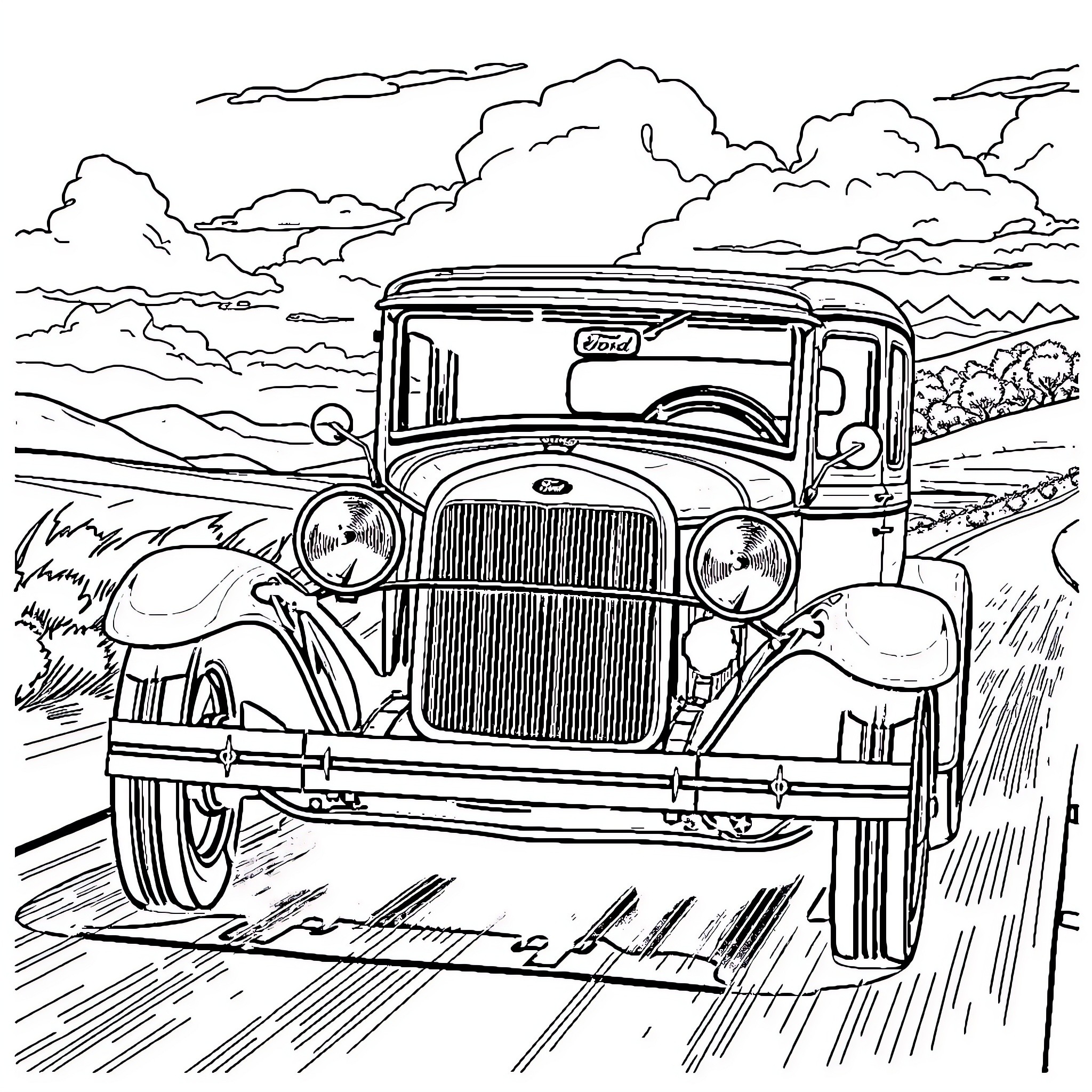 Ford vintage car on a country road Coloring Page (free black-and-white line drawing printable PDF for all, from beginners to advanced learners, including children, teens, adults, and seniors)