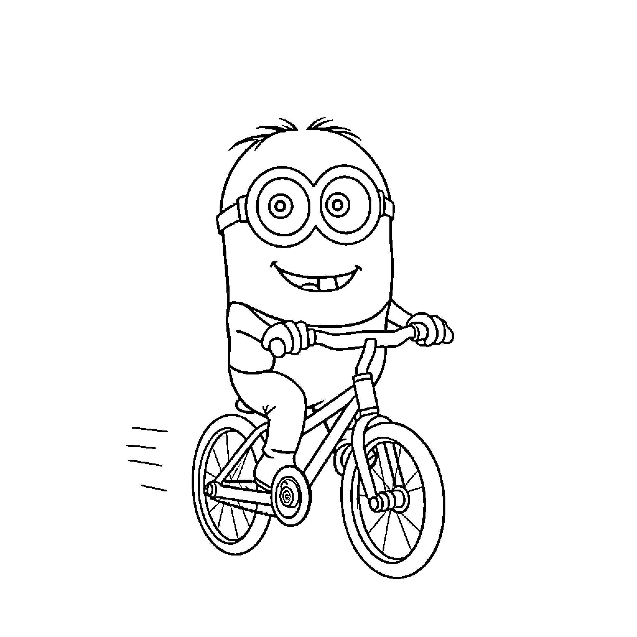 Minion enjoying a bicycle ride Coloring Page (free black-and-white line drawing printable PDF for all, from beginners to advanced learners, including children, teens, adults, and seniors)