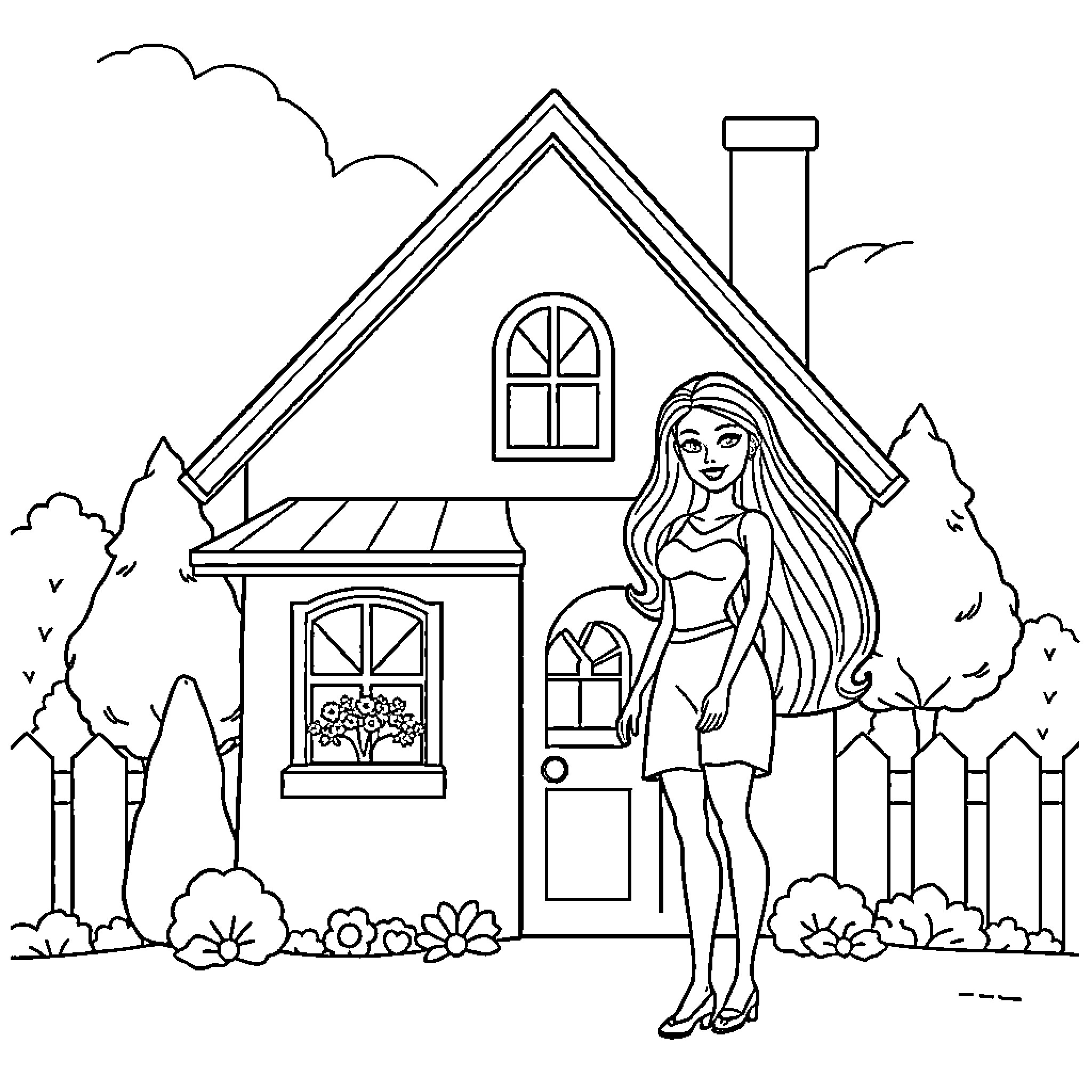 Barbie posing in front of her dream house Coloring Page (free black-and-white line drawing printable PDF for all, from beginners to advanced learners, including children, teens, adults, and seniors)