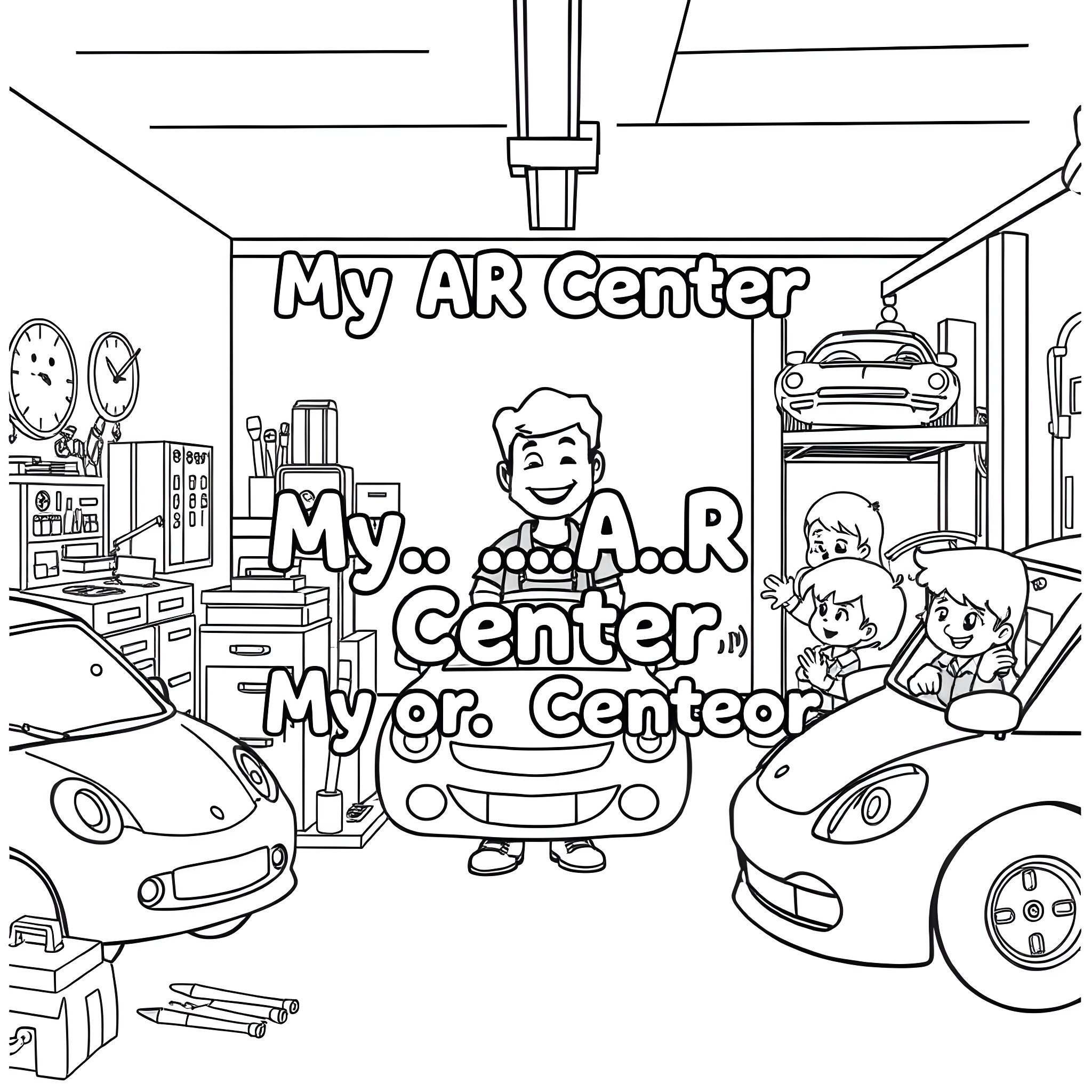 Car repair shop with cartoon characters Coloring Page (free black-and-white line drawing printable PDF for all, from beginners to advanced learners, including children, teens, adults, and seniors)