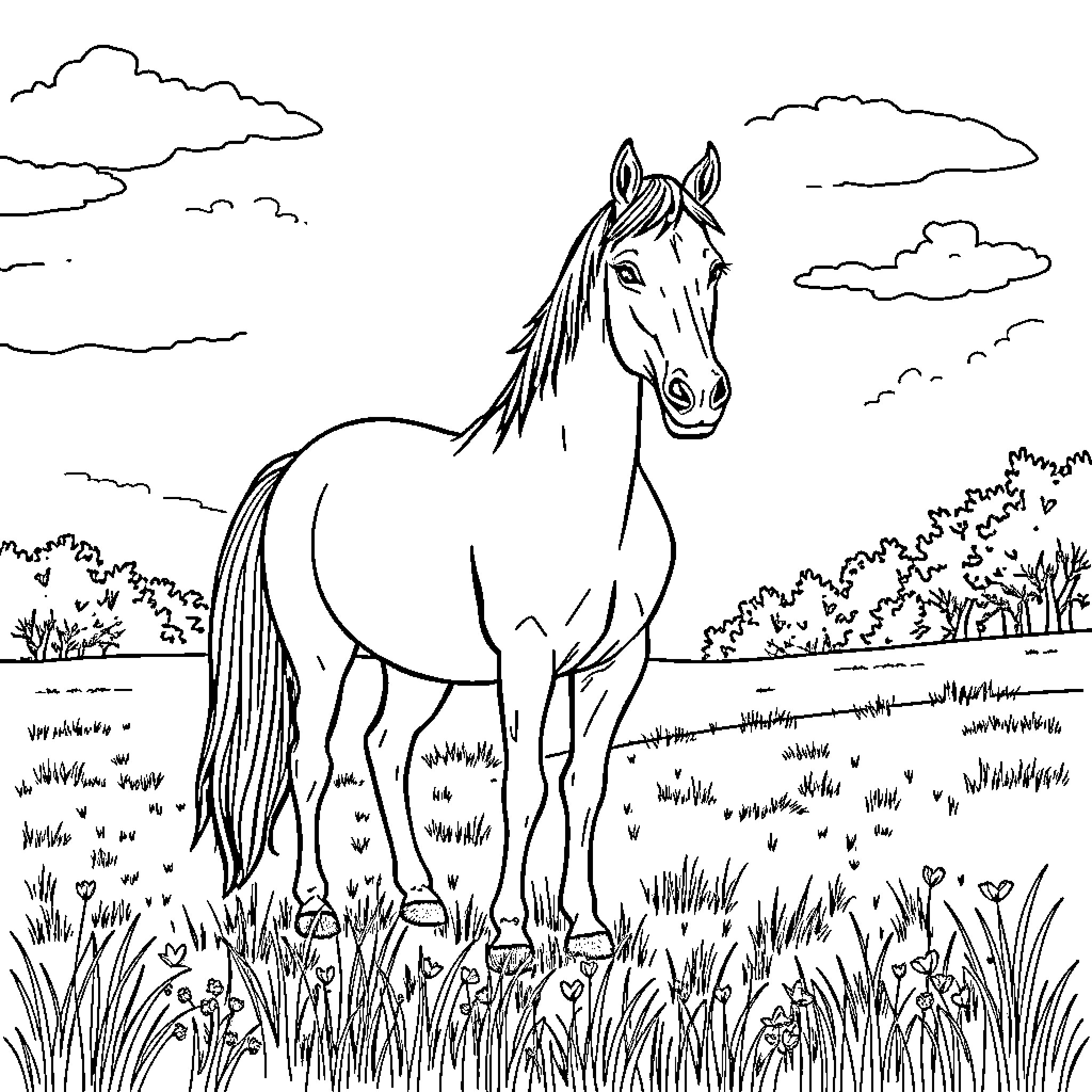Horse standing in grassy field with clouds Coloring Page (free black-and-white line drawing printable PDF for all, from beginners to advanced learners, including children, teens, adults, and seniors)