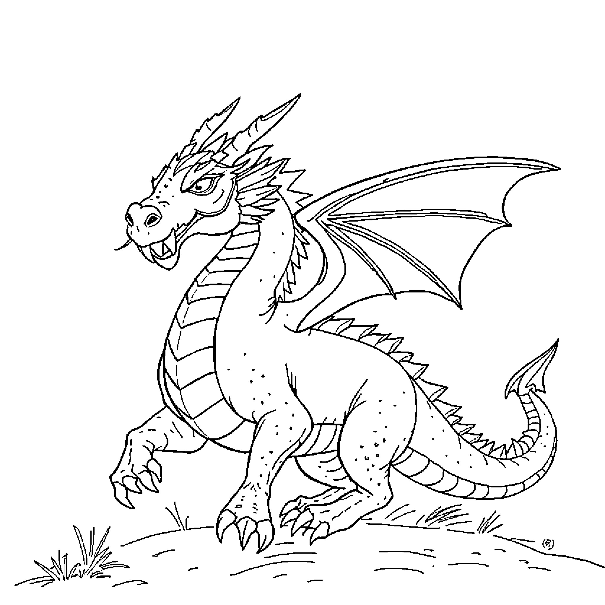 Dwarf dragon in fierce stance Coloring Page (free black-and-white line drawing printable PDF for all, from beginners to advanced learners, including children, teens, adults, and seniors)
