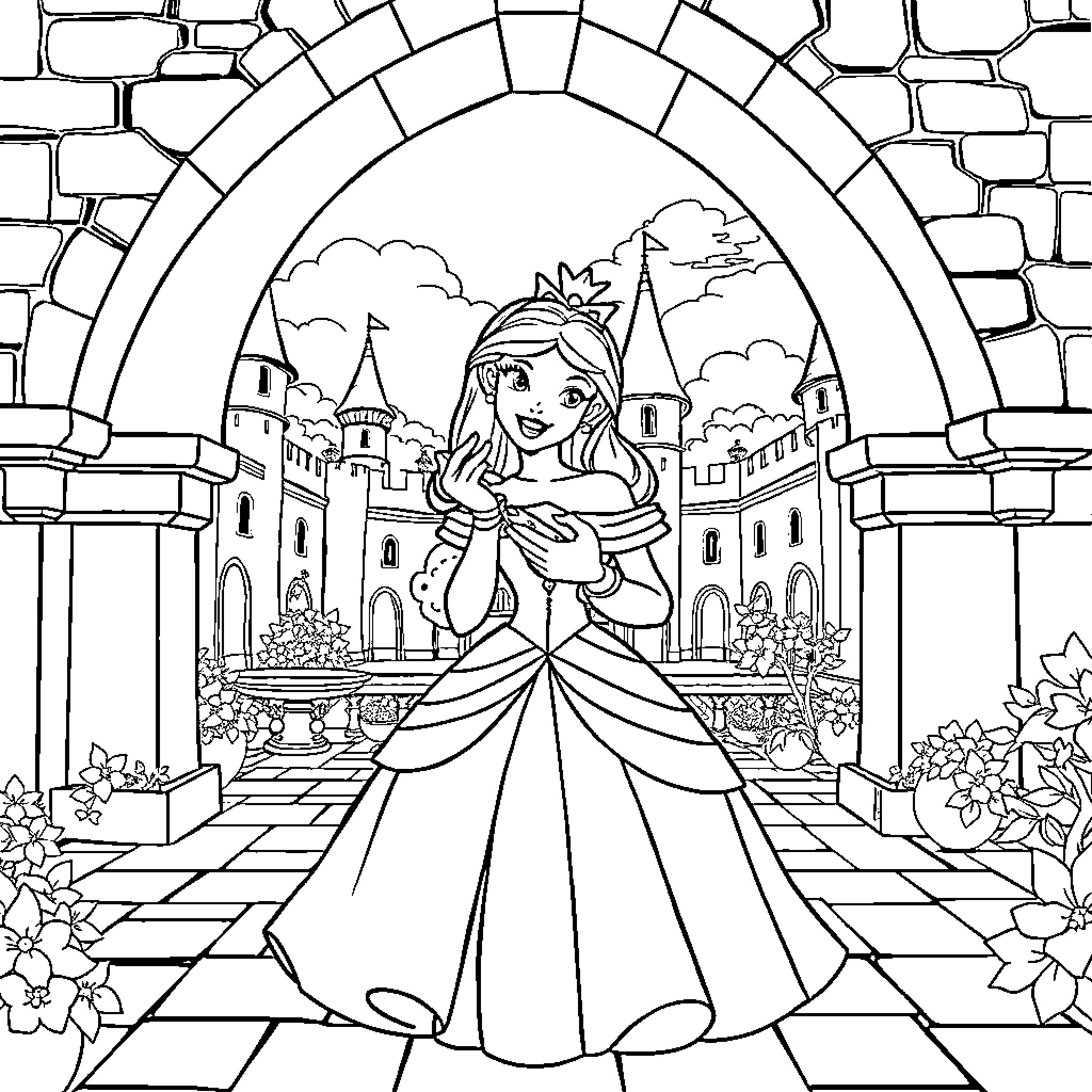 Disney Princess in a Magical Castle Setting Coloring Page (free black-and-white line drawing printable PDF for all, from beginners to advanced learners, including children, teens, adults, and seniors)