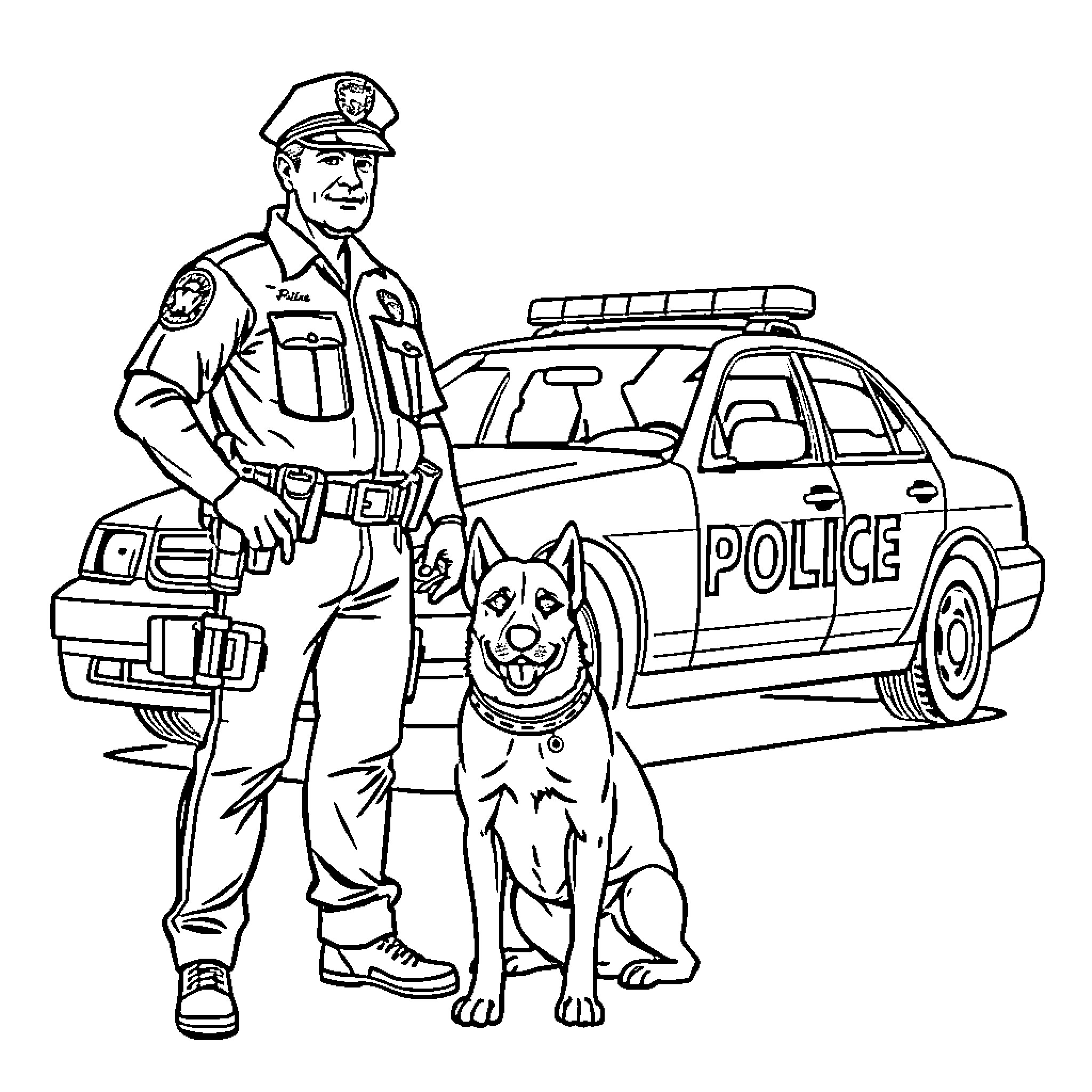 Police Officer and K-9 Unit at the Patrol Car Coloring Page (free black-and-white line drawing printable PDF for all, from beginners to advanced learners, including children, teens, adults, and seniors)