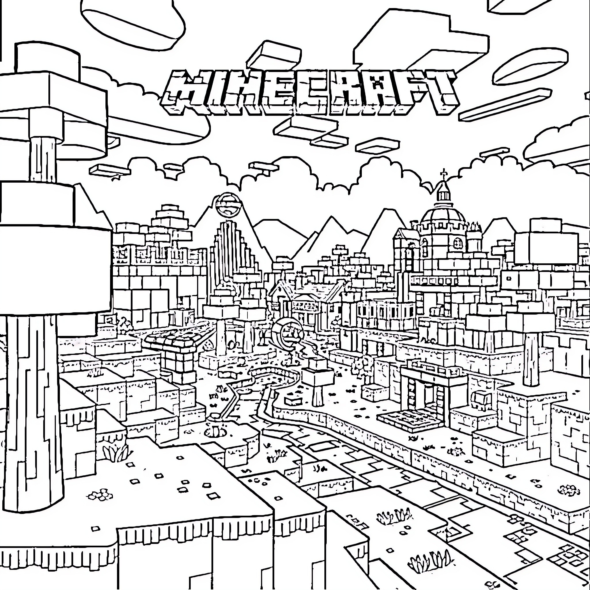 Minecraft city landscape with buildings and landscape Coloring Page (free black-and-white line drawing printable PDF for all, from beginners to advanced learners, including children, teens, adults, and seniors)