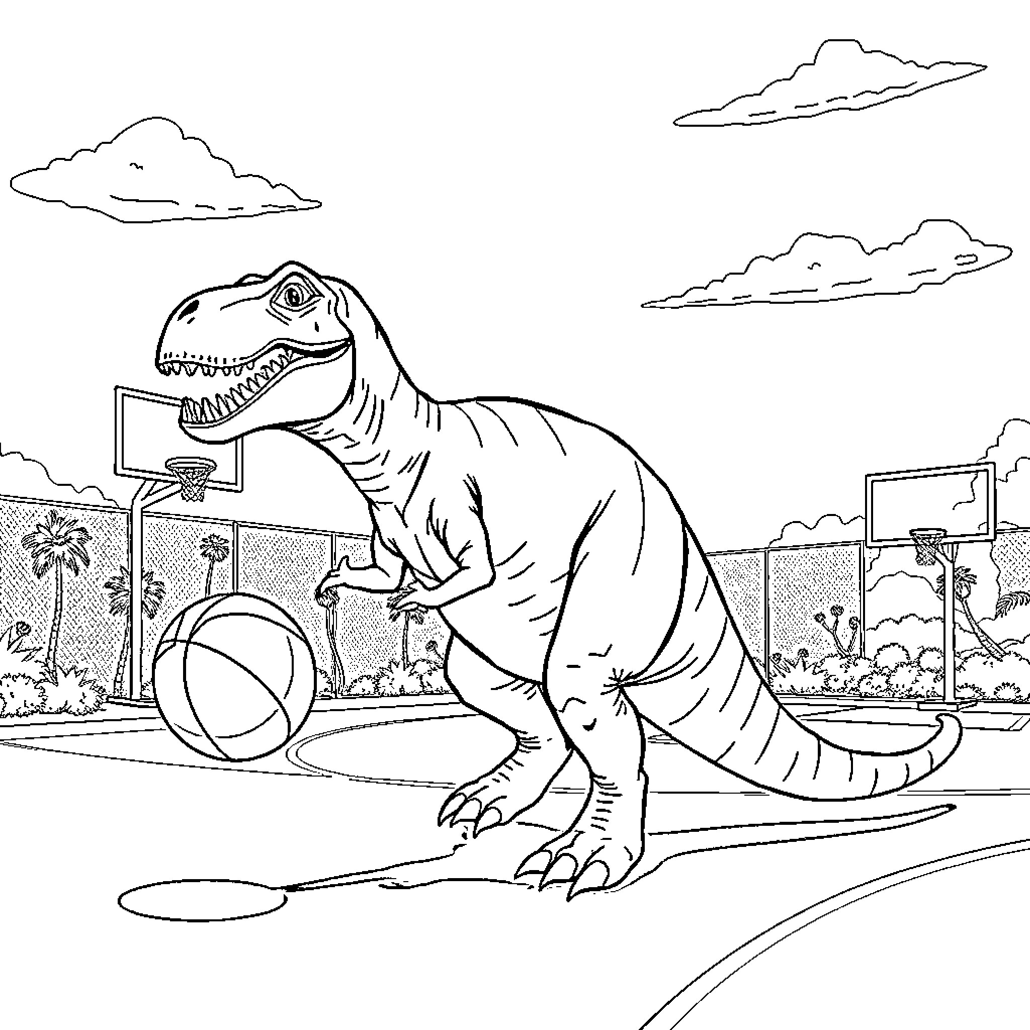 Dinosaur playing basketball on a court Coloring Page (free black-and-white line drawing printable PDF for all, from beginners to advanced learners, including children, teens, adults, and seniors)