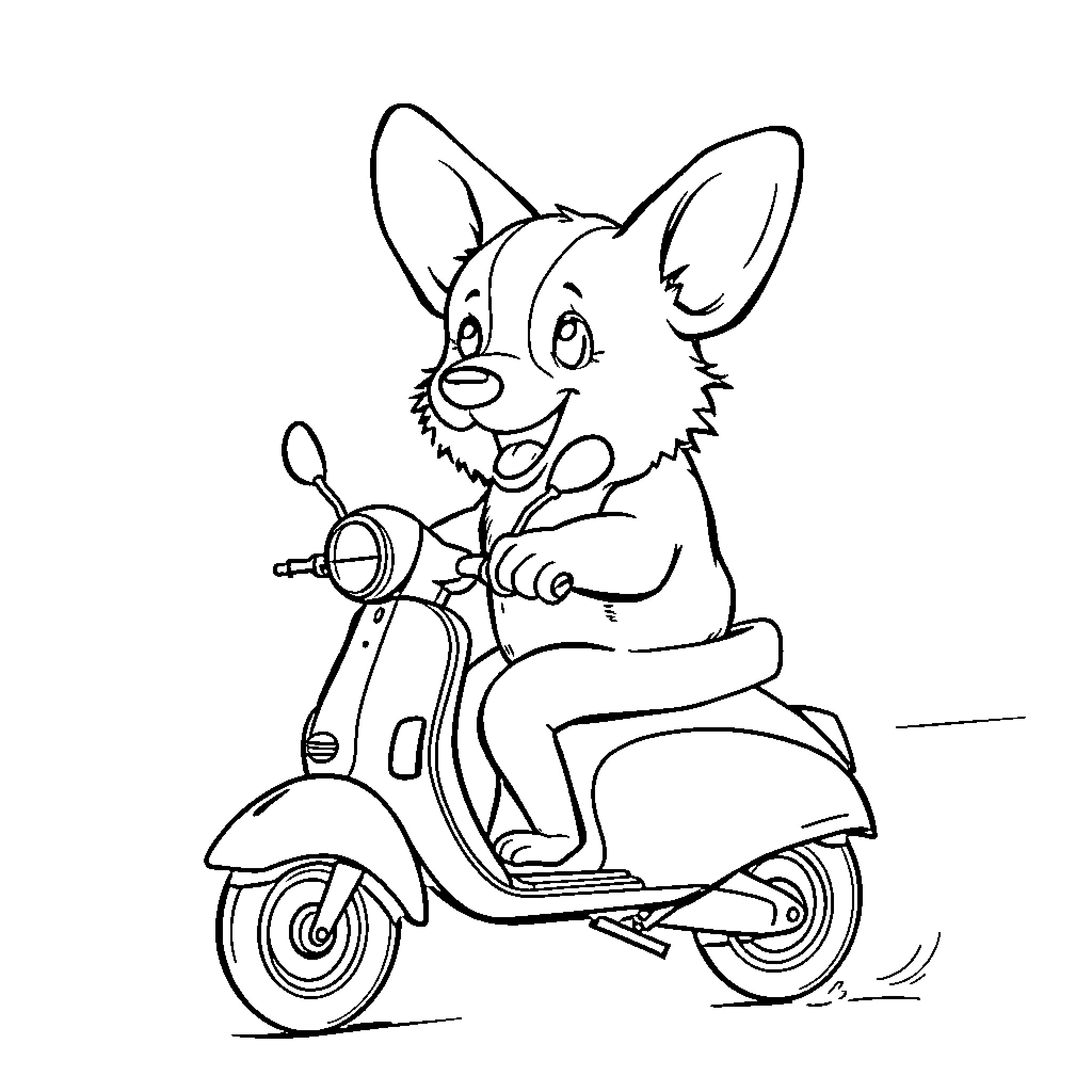 Corgi riding a scooter with excitement Coloring Page (free black-and-white line drawing printable PDF for all, from beginners to advanced learners, including children, teens, adults, and seniors)
