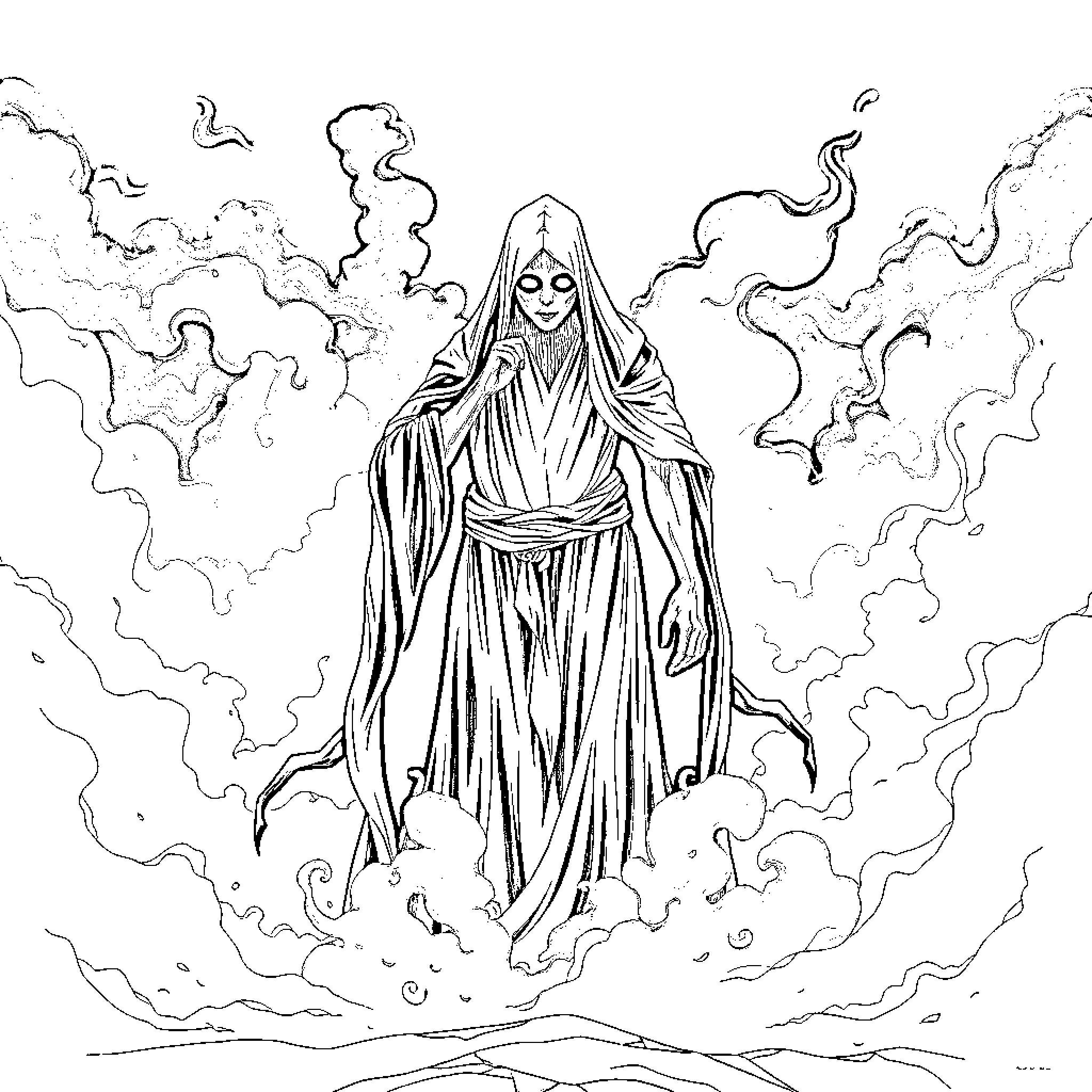 Alesana: Ethereal Figure Amidst Mystic Clouds Coloring Page (free black-and-white line drawing printable PDF for all, from beginners to advanced learners, including children, teens, adults, and seniors)