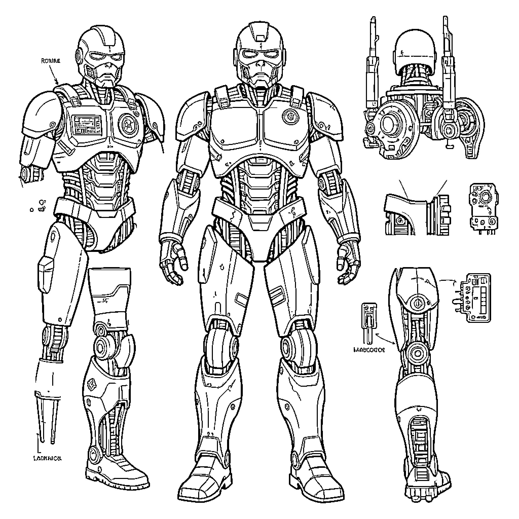 Robocop concept art displaying the cyborg's various designs and equipment Coloring Page (free black-and-white line drawing printable PDF for all, from beginners to advanced learners, including children, teens, adults, and seniors)