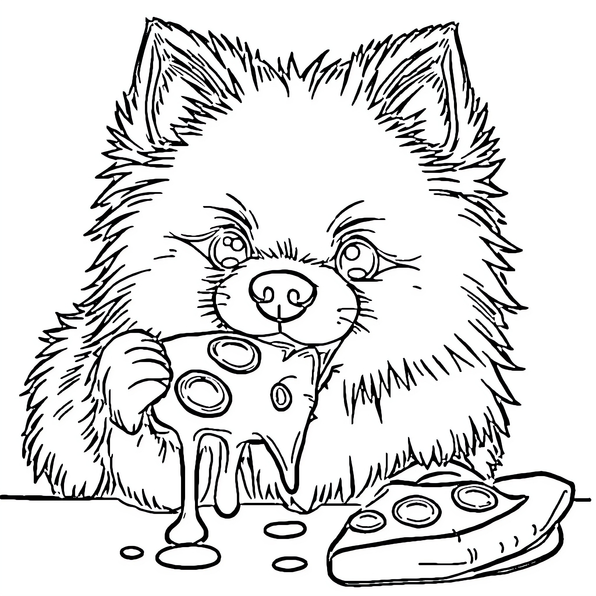 Pomeranian enjoying a tasty meal Coloring Page (free black-and-white line drawing printable PDF for all, from beginners to advanced learners, including children, teens, adults, and seniors)