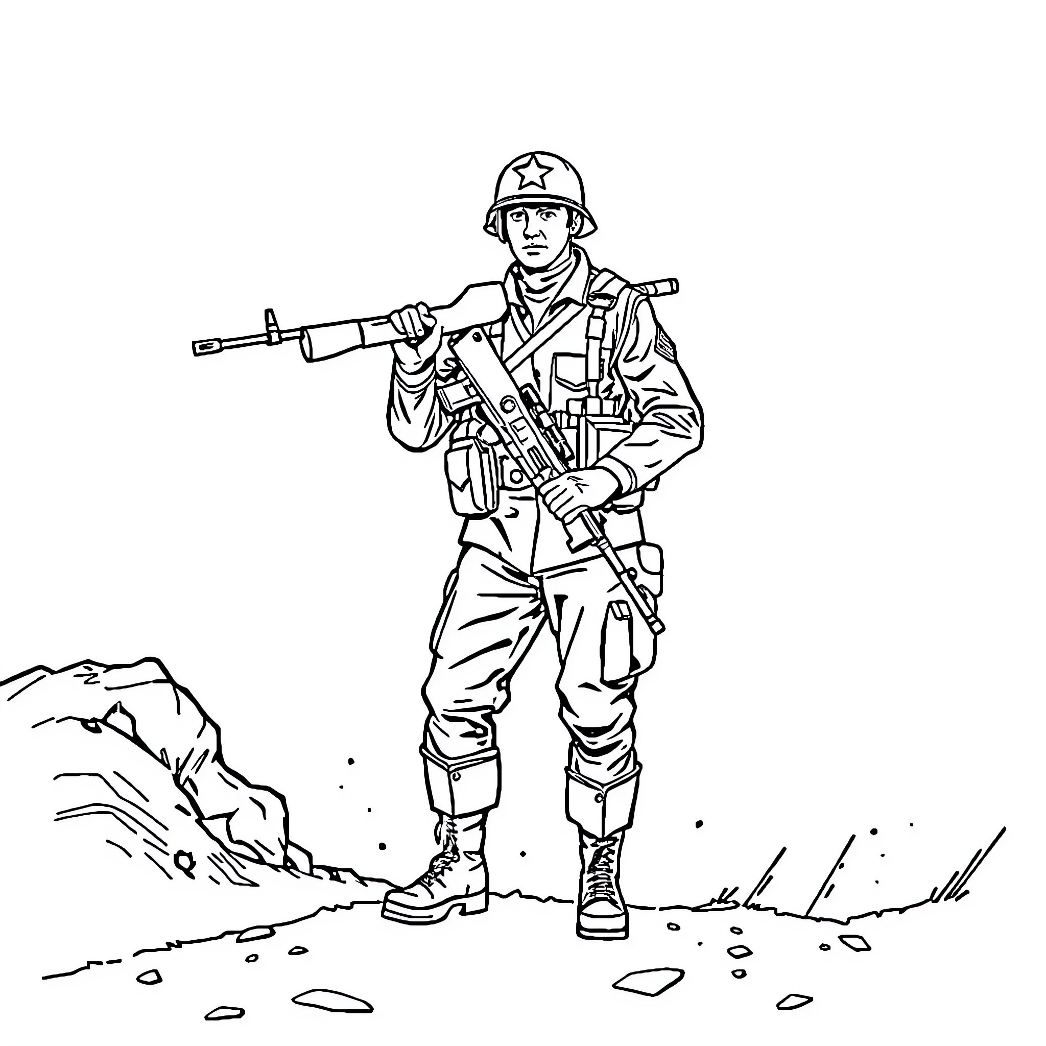 Soldier in combat gear on rugged terrain Coloring Page (free black-and-white line drawing printable PDF for all, from beginners to advanced learners, including children, teens, adults, and seniors)