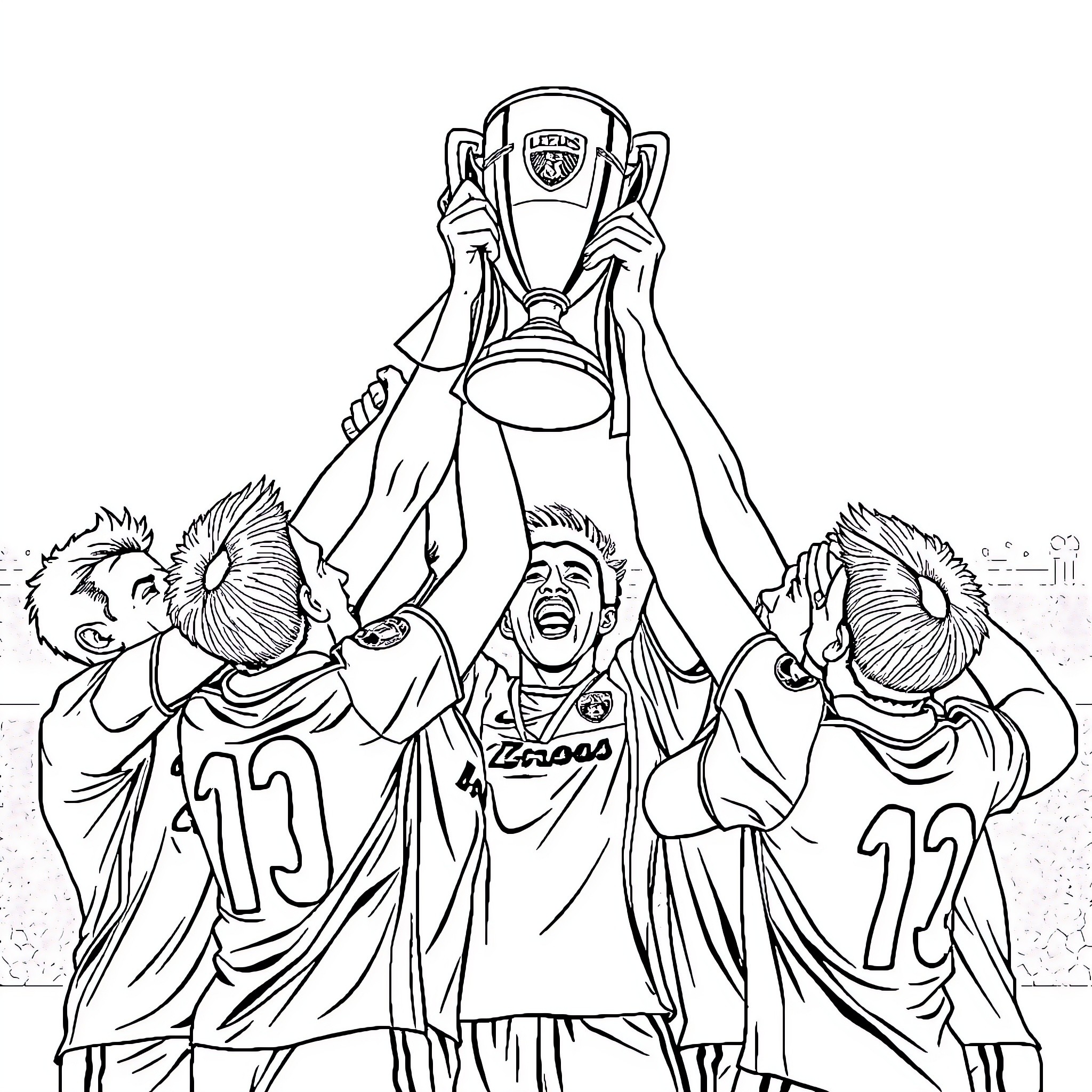 Leeds United Players Celebrating Victory with Trophy Coloring Page (free black-and-white line drawing printable PDF for all, from beginners to advanced learners, including children, teens, adults, and seniors)