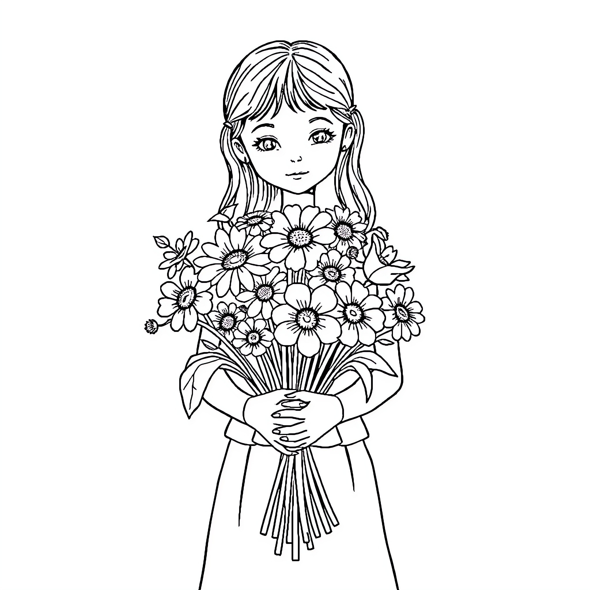 Girl holding a bouquet of flowers Coloring Page (free black-and-white line drawing printable PDF for all, from beginners to advanced learners, including children, teens, adults, and seniors)