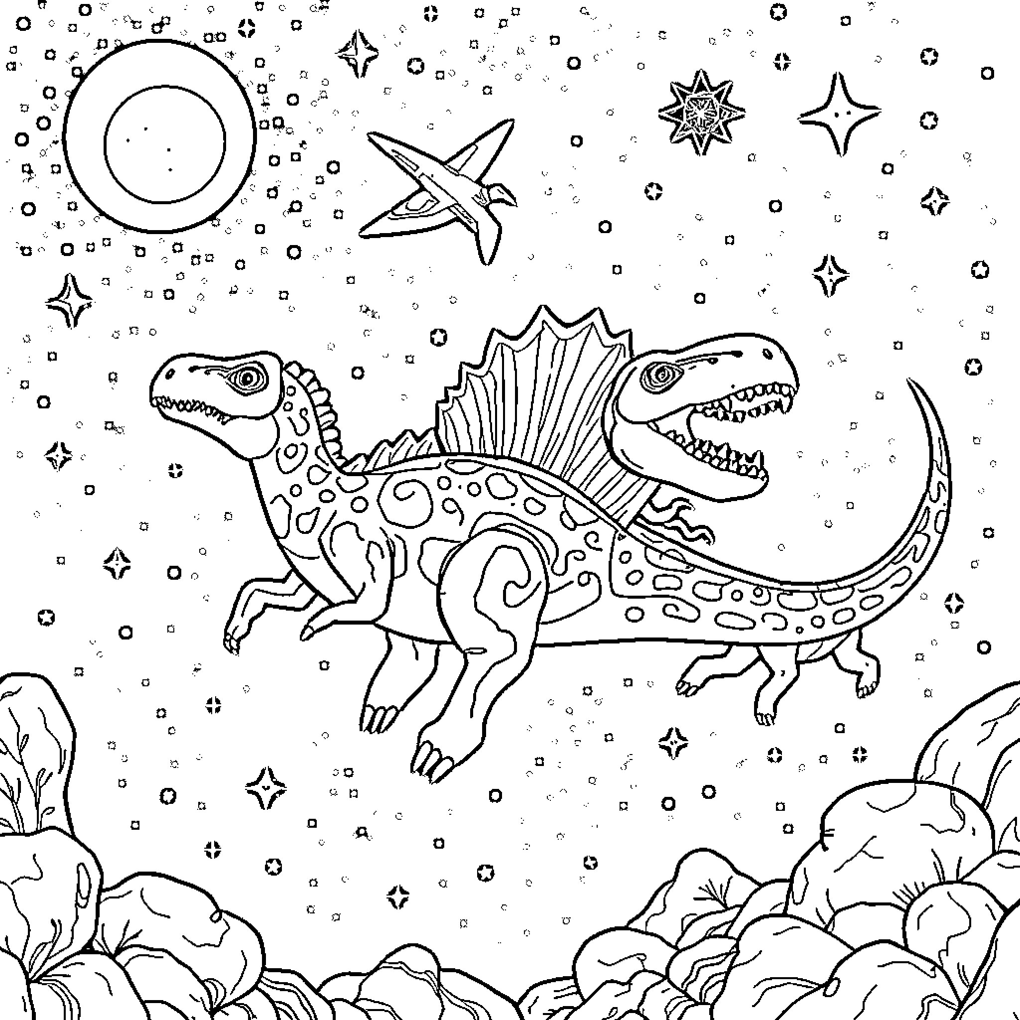 Dinosaur exploring the magical night sky Coloring Page (free black-and-white line drawing printable PDF for all, from beginners to advanced learners, including children, teens, adults, and seniors)