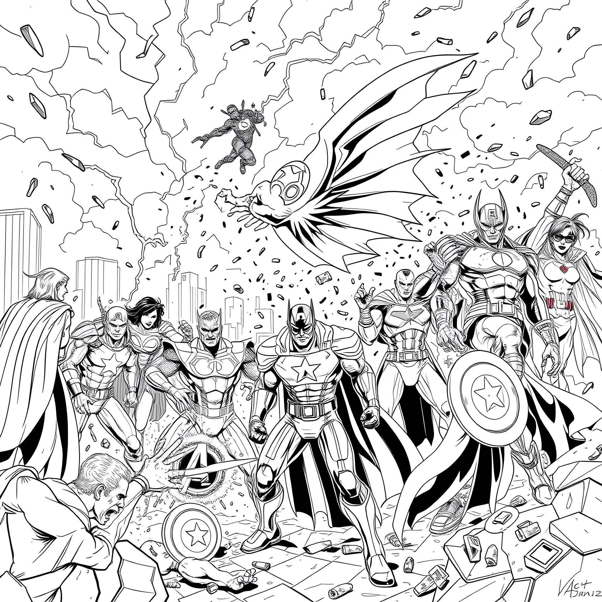 Avenger superheroes battling in chaotic cityscape Coloring Page (free black-and-white line drawing printable PDF for all, from beginners to advanced learners, including children, teens, adults, and seniors)