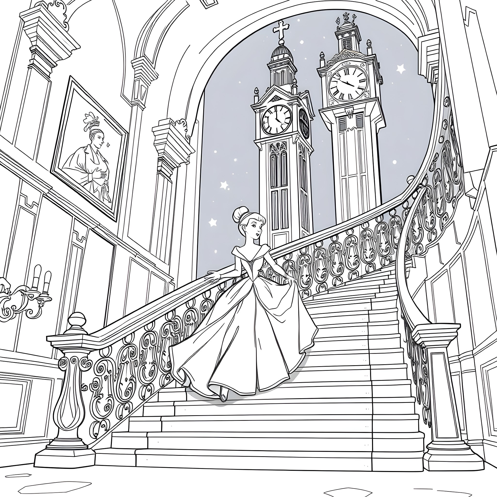 Cinderella's grand entrance at the palace ball Coloring Page (free black-and-white line drawing printable PDF for all, from beginners to advanced learners, including children, teens, adults, and seniors)