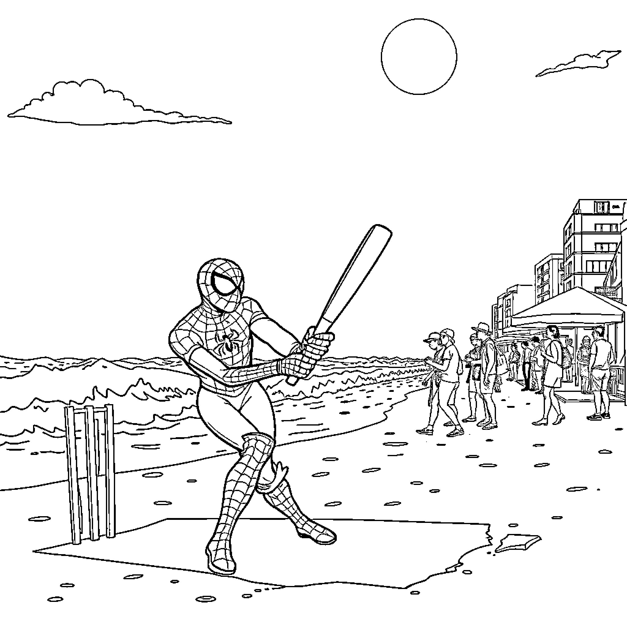 Spiderman playing cricket on the beach Coloring Page (free black-and-white line drawing printable PDF for all, from beginners to advanced learners, including children, teens, adults, and seniors)