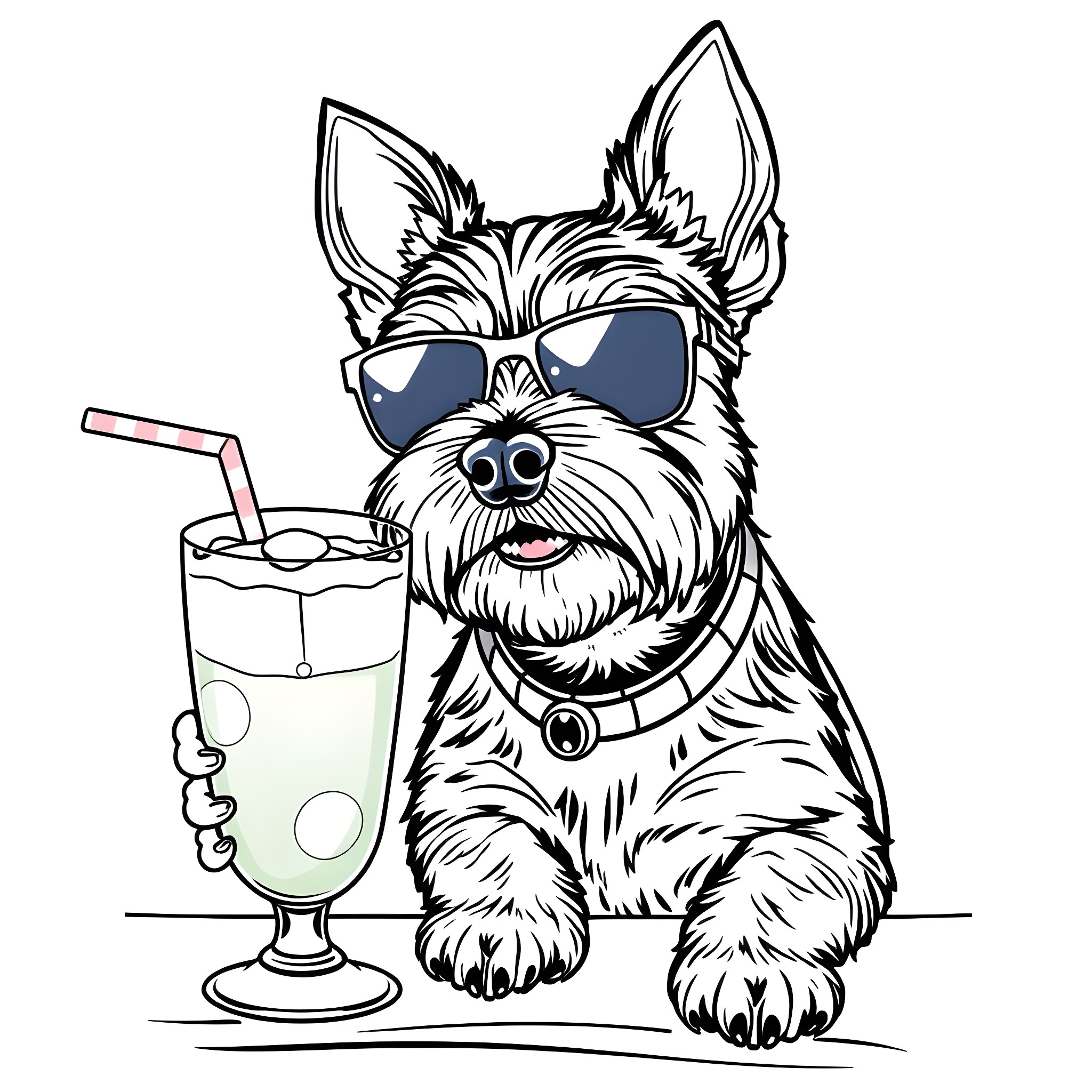 Schnauzer enjoying a refreshing drink on a sunny day Coloring Page (free black-and-white line drawing printable PDF for all, from beginners to advanced learners, including children, teens, adults, and seniors)